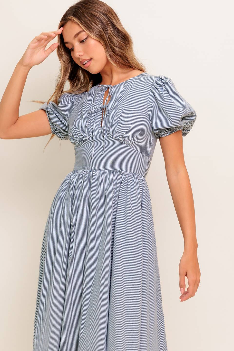 COZY GARDEN IVORY BLUE WOVEN MIDI DRESS