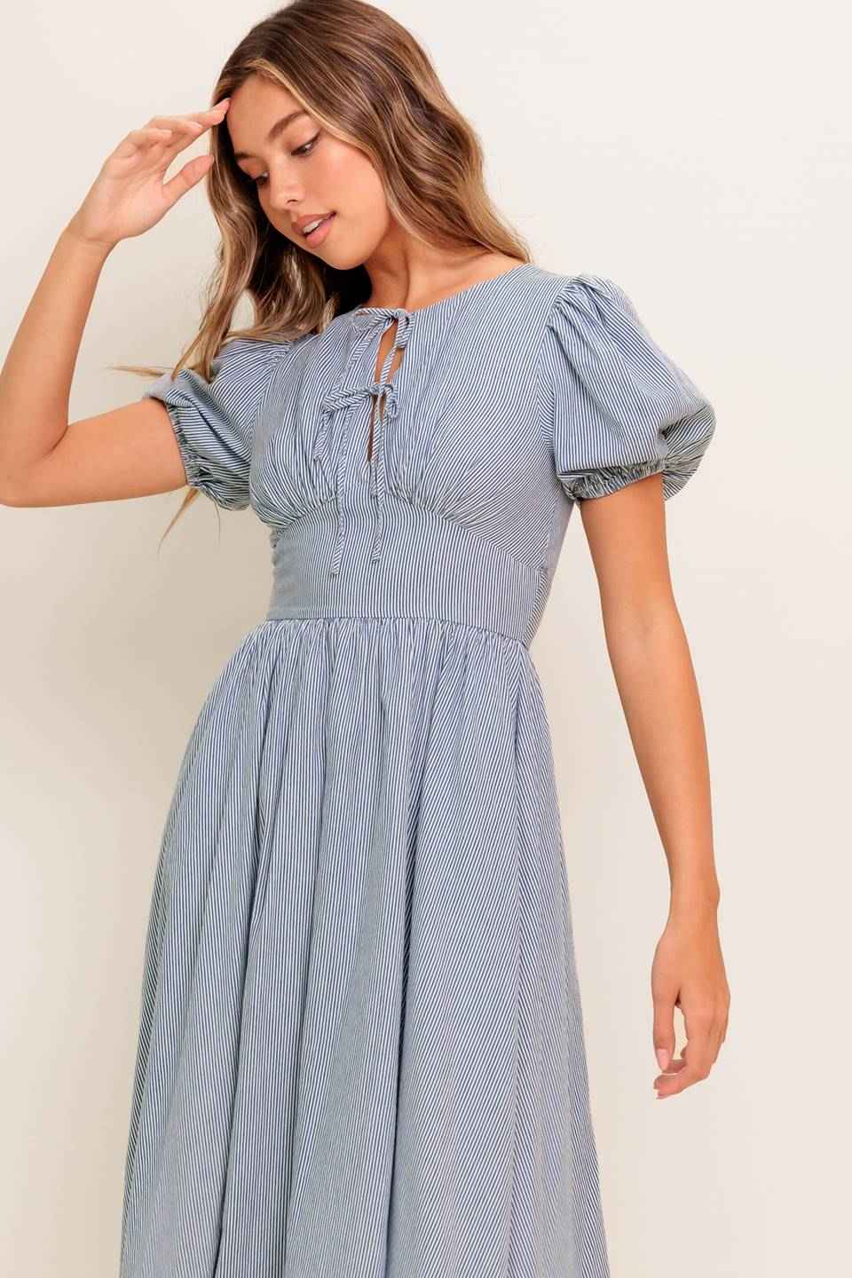 COZY GARDEN IVORY BLUE WOVEN MIDI DRESS
