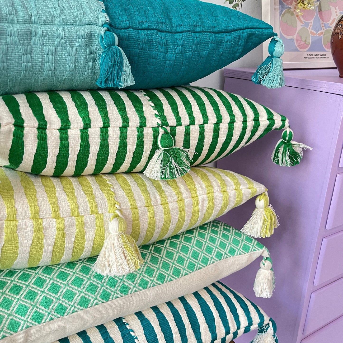 Antigua Pillow - Colorblocked Pink and Orange / Jade Green