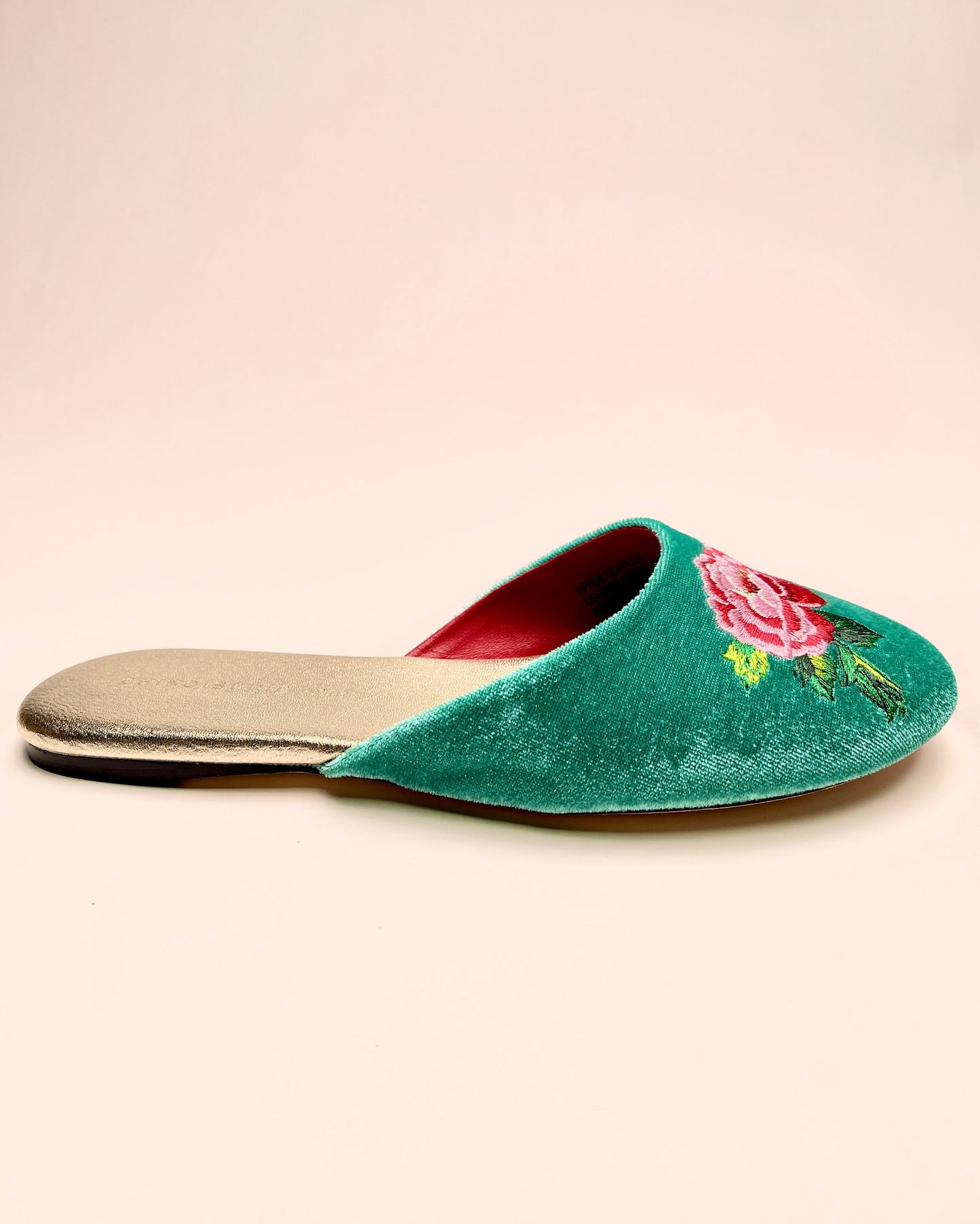 Peony Embroidered Velvet Mules Slippers in Jade