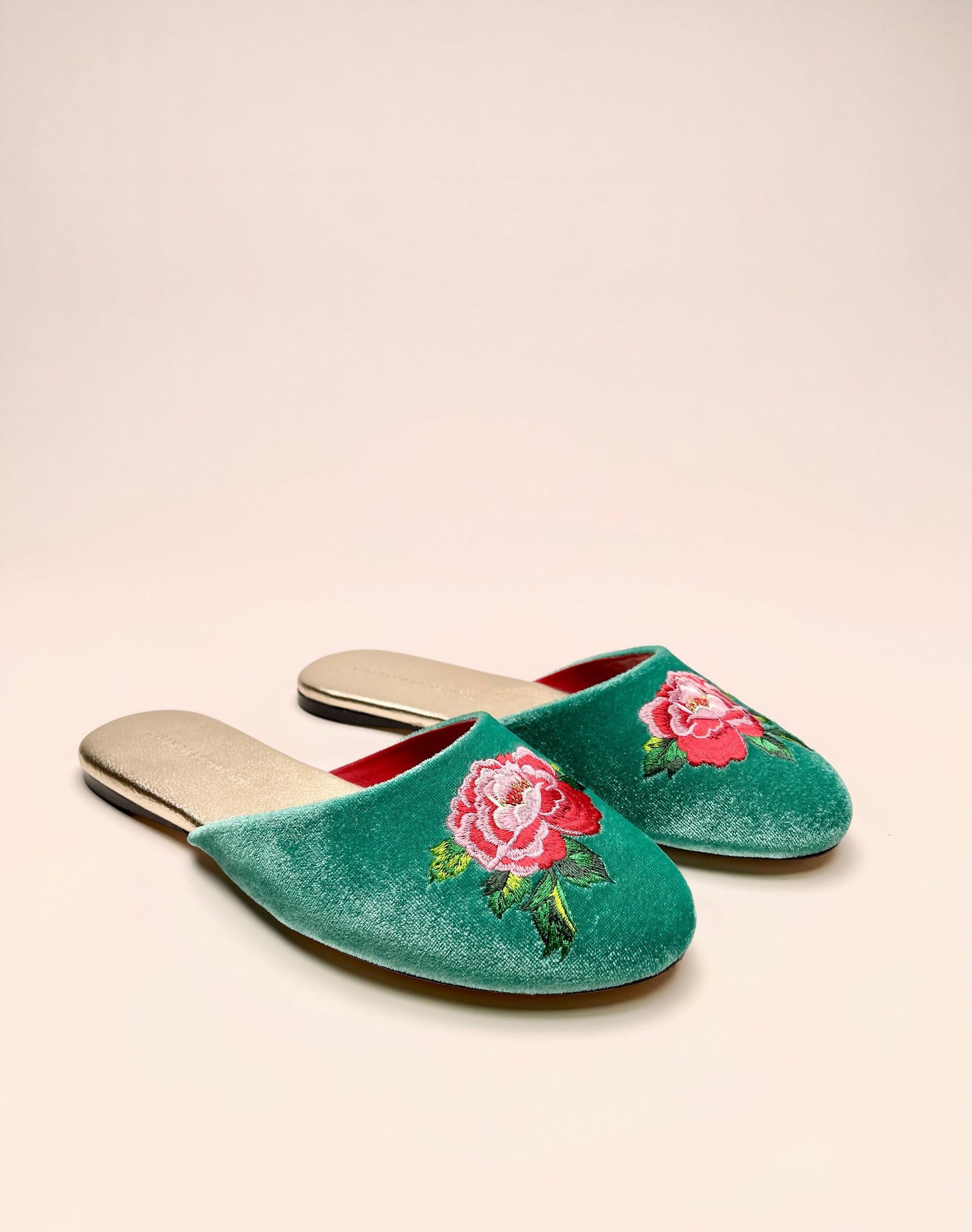 Peony Embroidered Velvet Mules Slippers in Jade