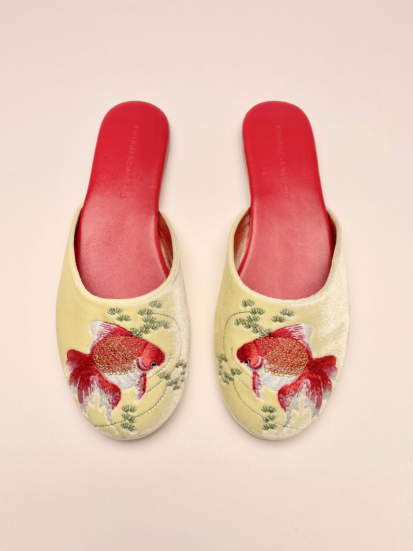 Goldfish Embroidered Velvet Mules Slippers in Lemon Frost