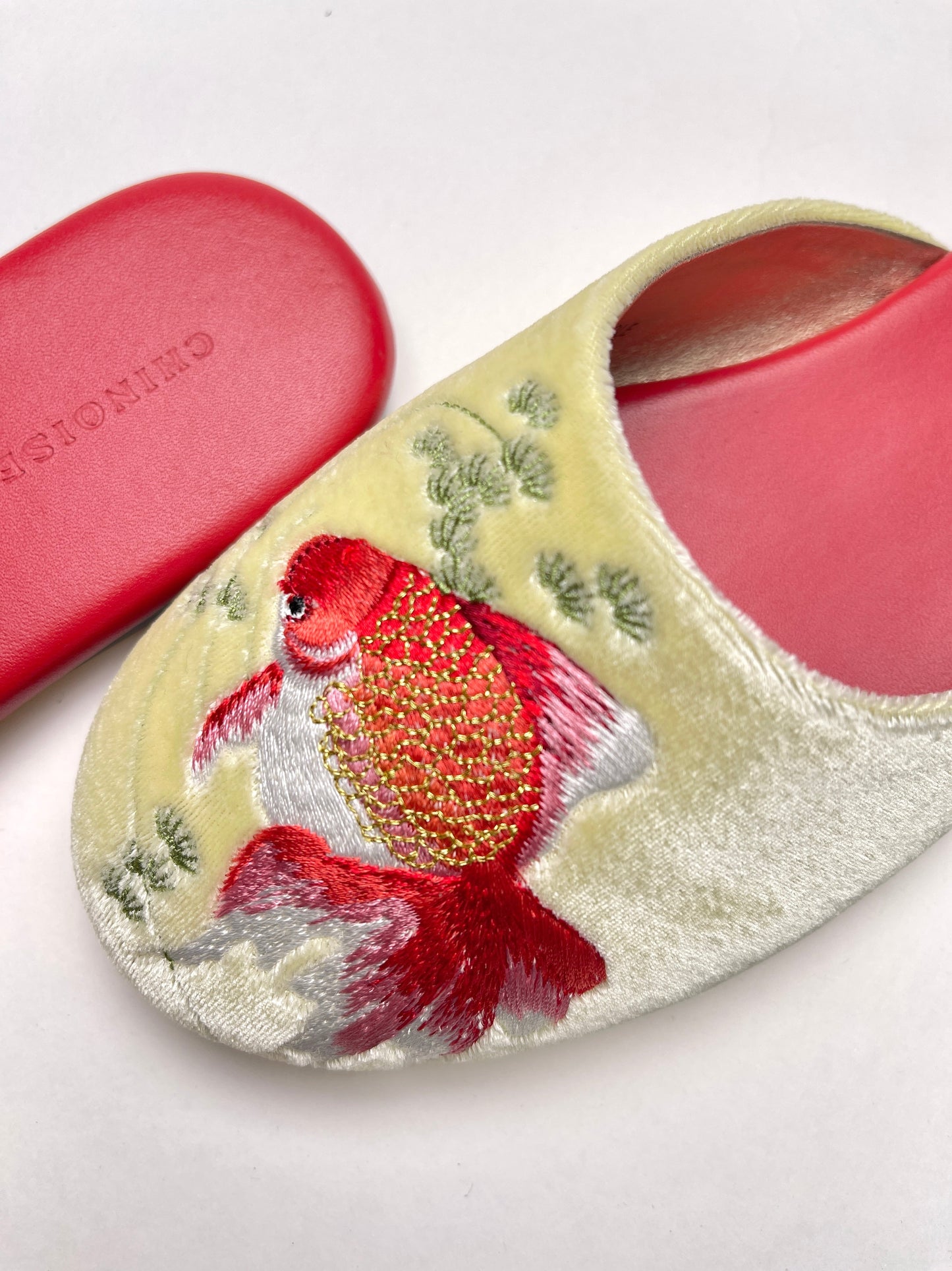 Goldfish Embroidered Velvet Mules Slippers in Lemon Frost