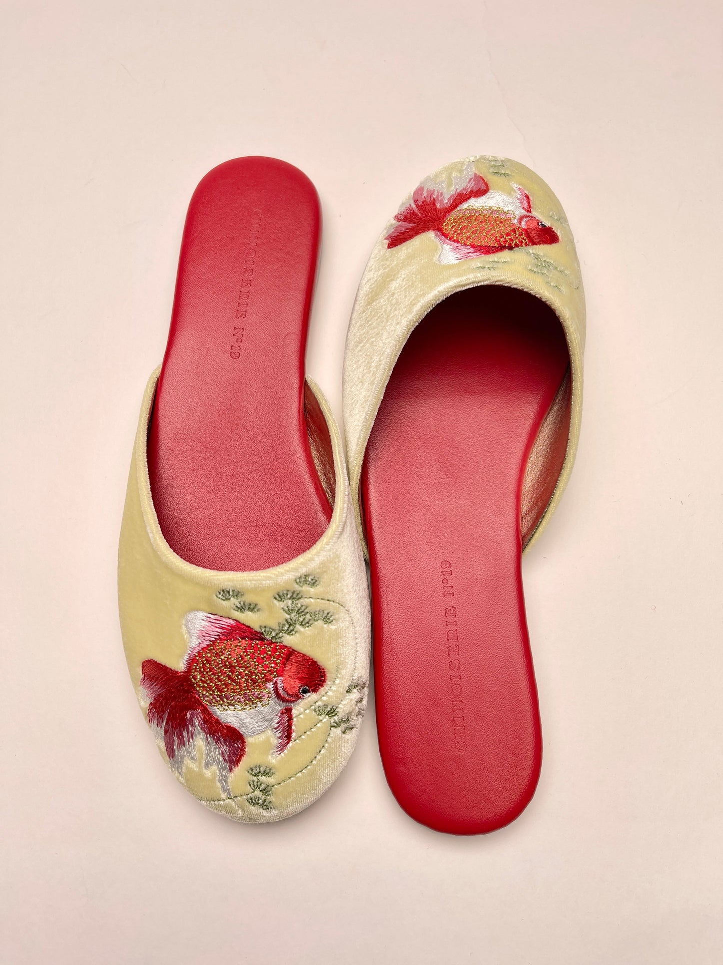 Goldfish Embroidered Velvet Mules Slippers in Lemon Frost