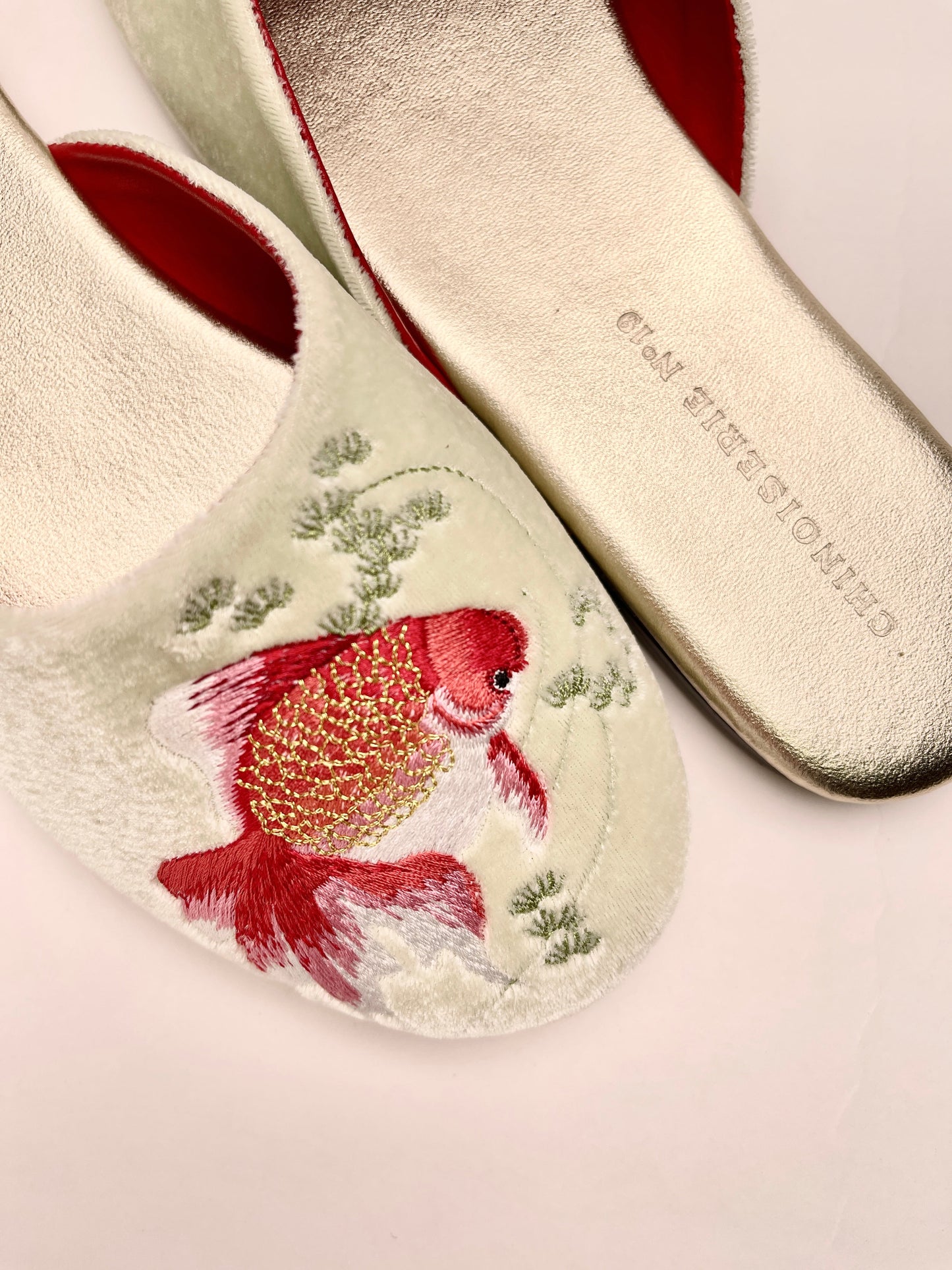Goldfish Embroidered Velvet Mules Slippers in Chiffon Mint