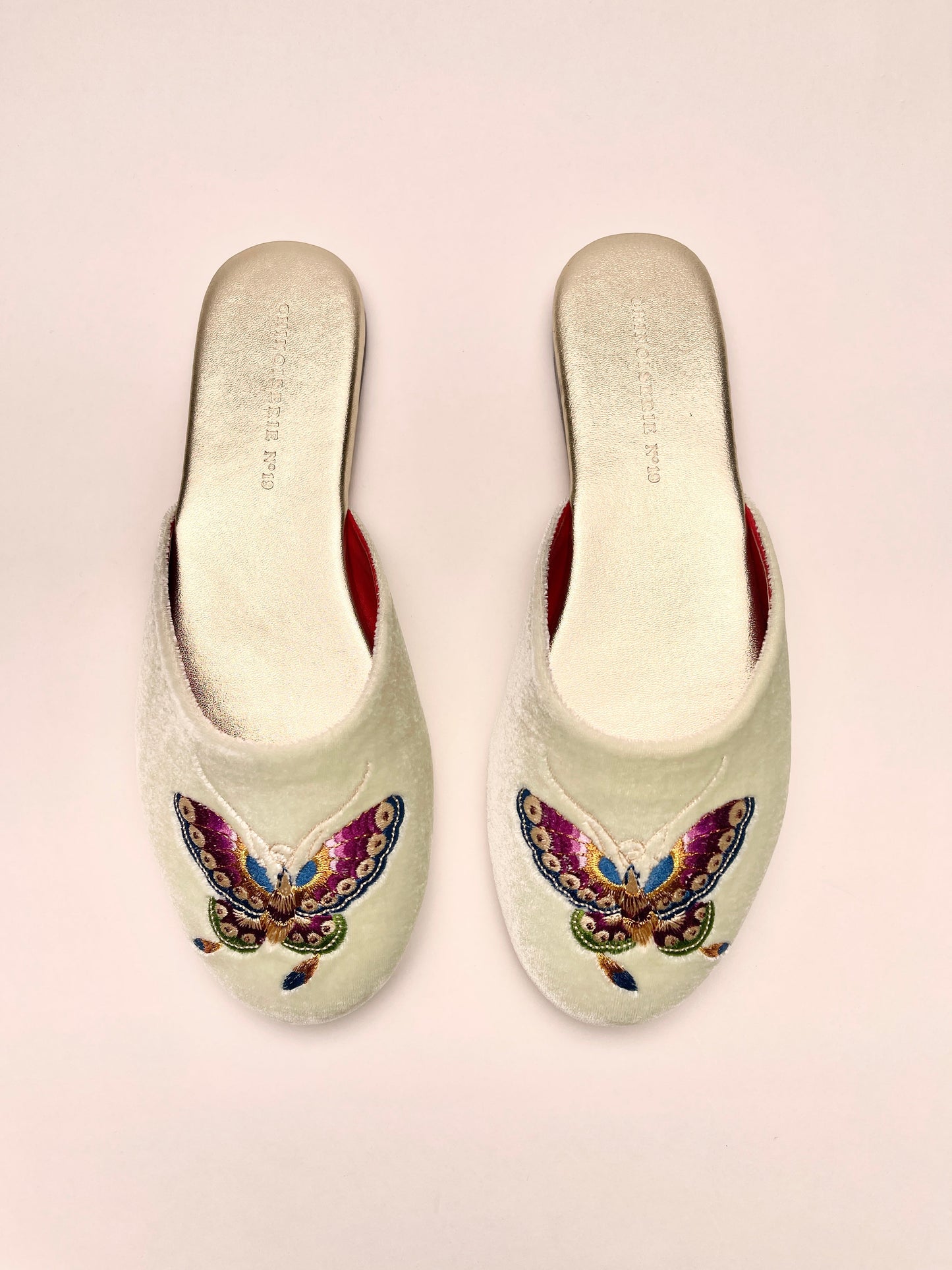 Butterfly Embroidered Velvet Mules Slippers in Chiffon Mint