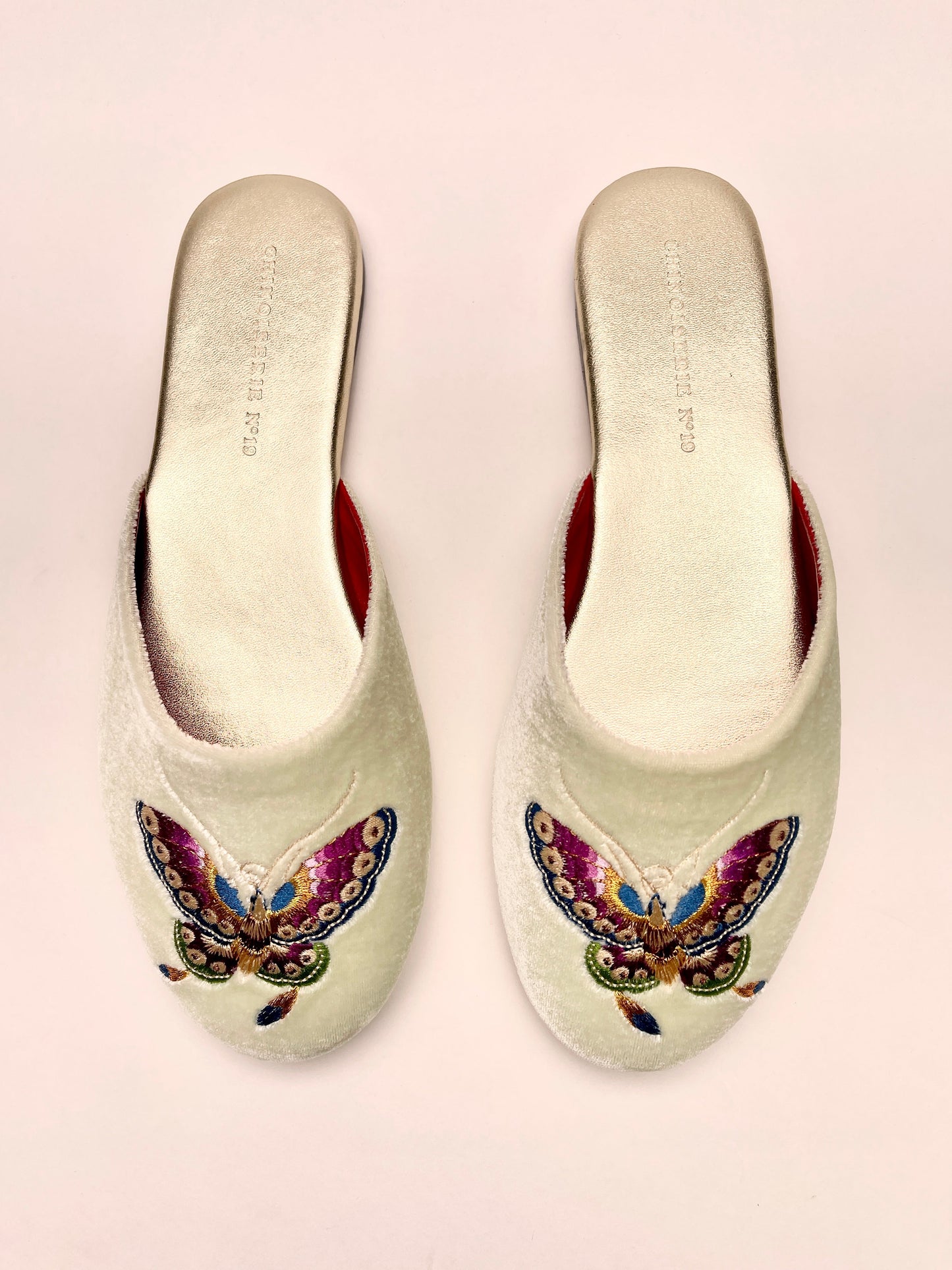 Butterfly Embroidered Velvet Mules Slippers in Chiffon Mint