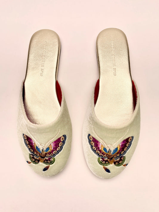 Butterfly Embroidered Velvet Mules Slippers in Chiffon Mint