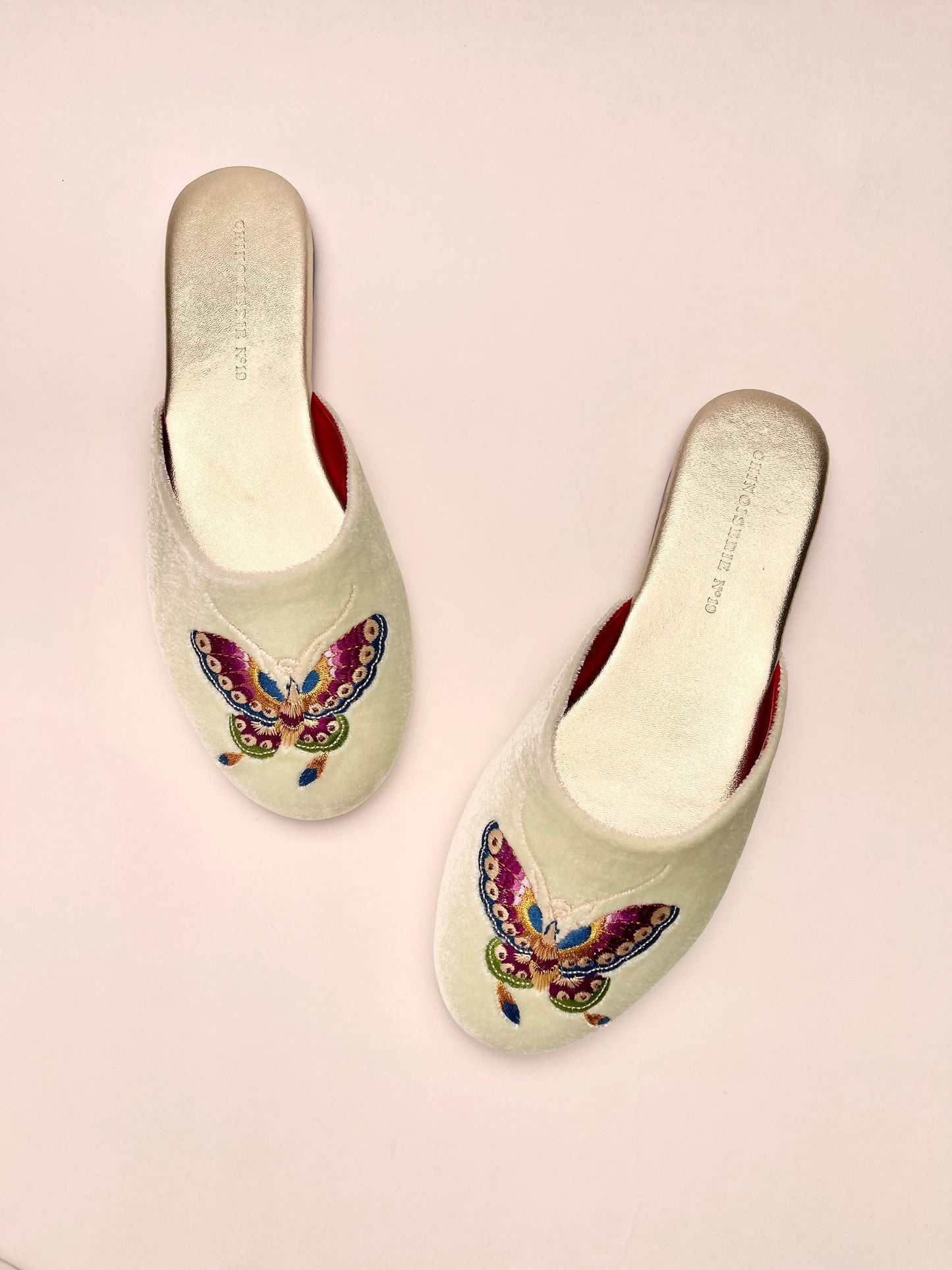 Butterfly Embroidered Velvet Mules Slippers in Chiffon Mint