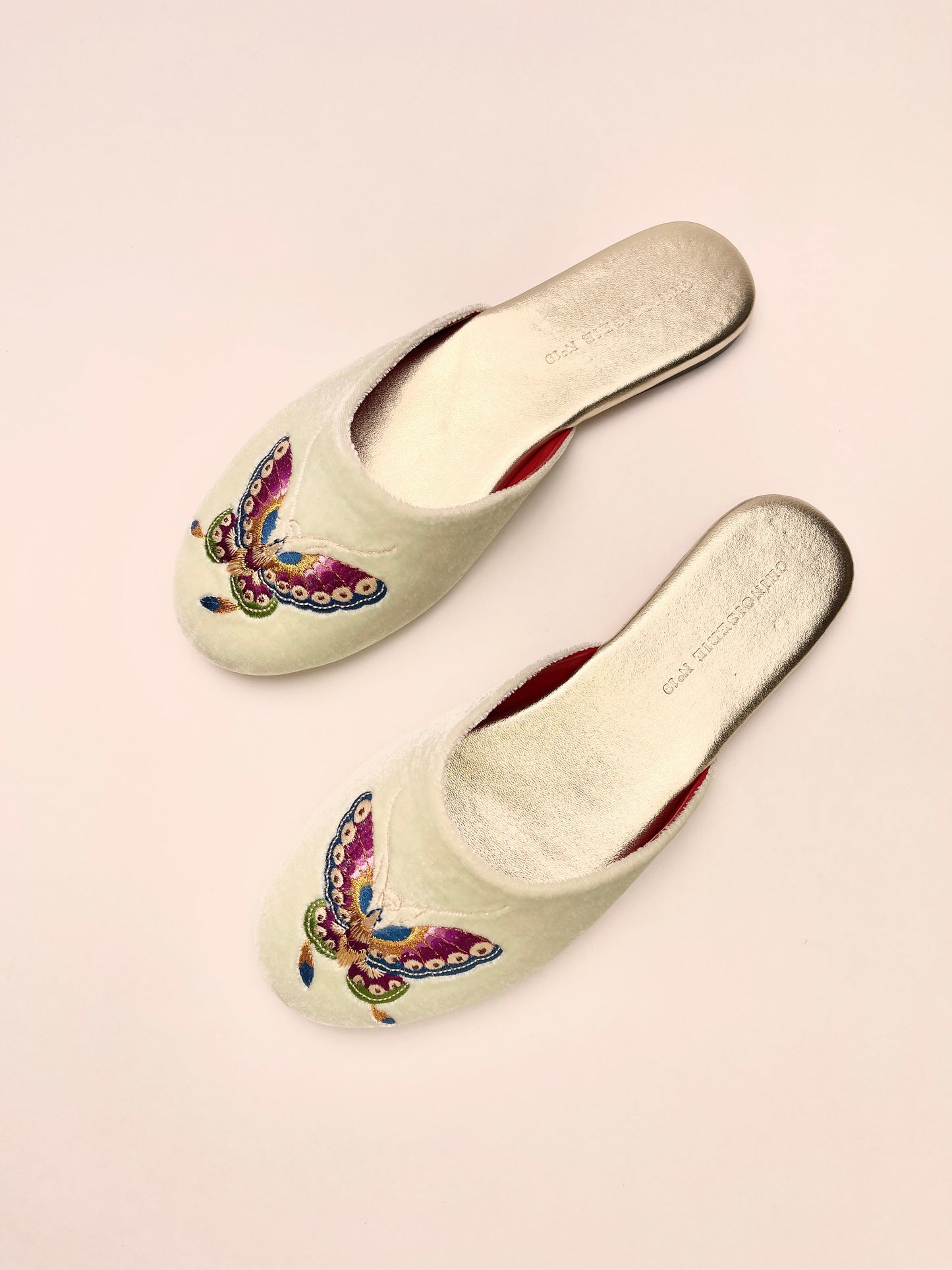Butterfly Embroidered Velvet Mules Slippers in Chiffon Mint