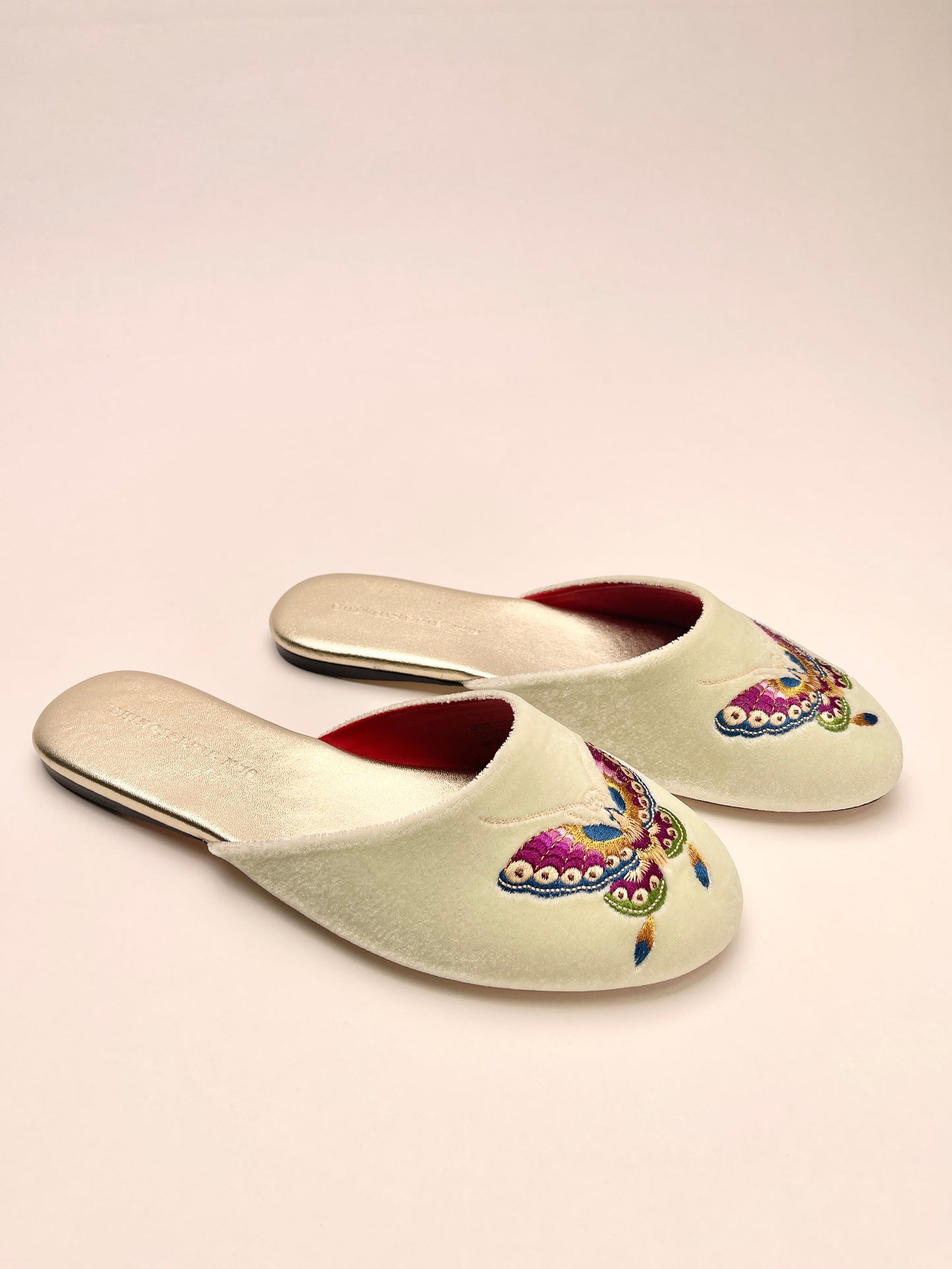 Butterfly Embroidered Velvet Mules Slippers in Chiffon Mint