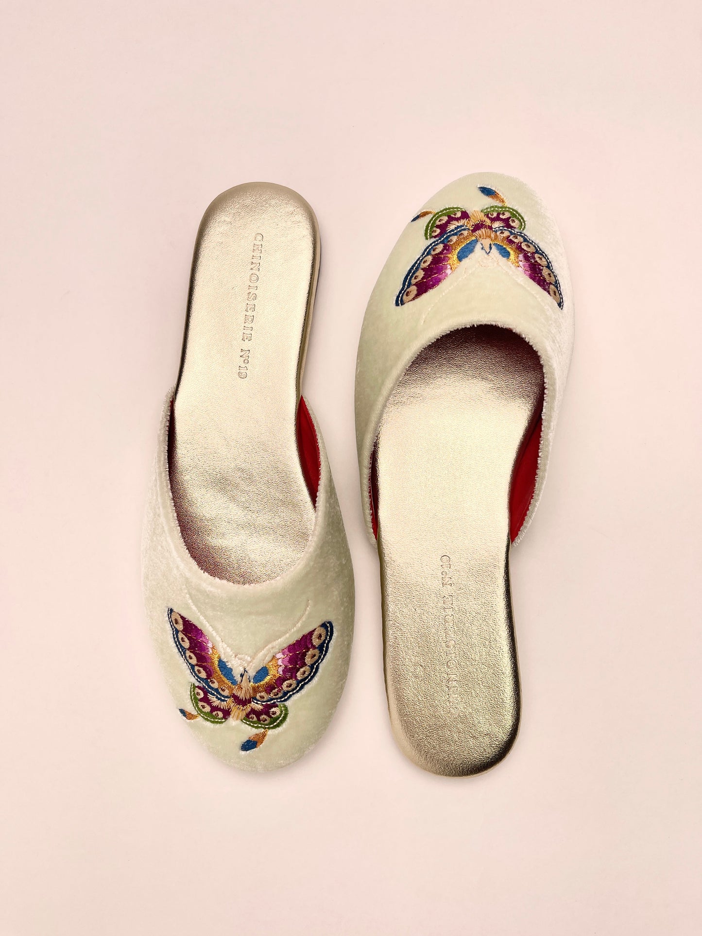 Butterfly Embroidered Velvet Mules Slippers in Chiffon Mint
