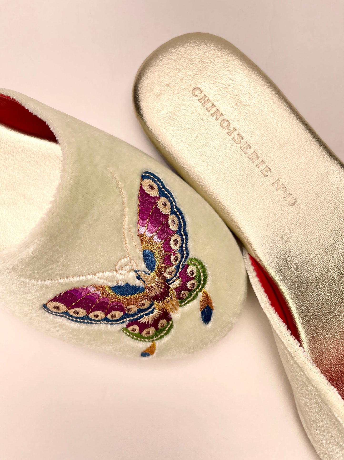 Butterfly Embroidered Velvet Mules Slippers in Chiffon Mint