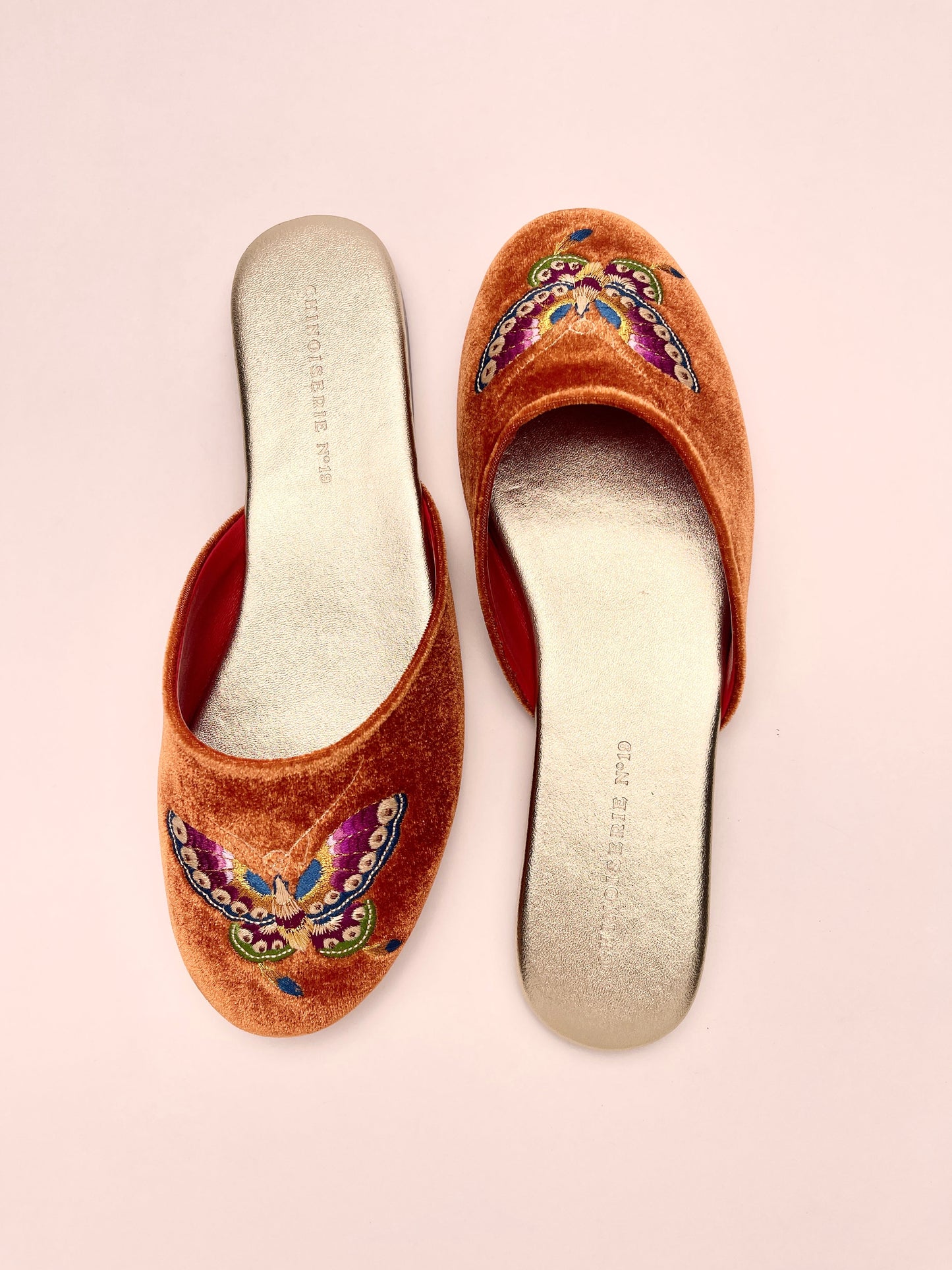 Butterfly Embroidered Velvet Mules Slippers in Burnt Orange
