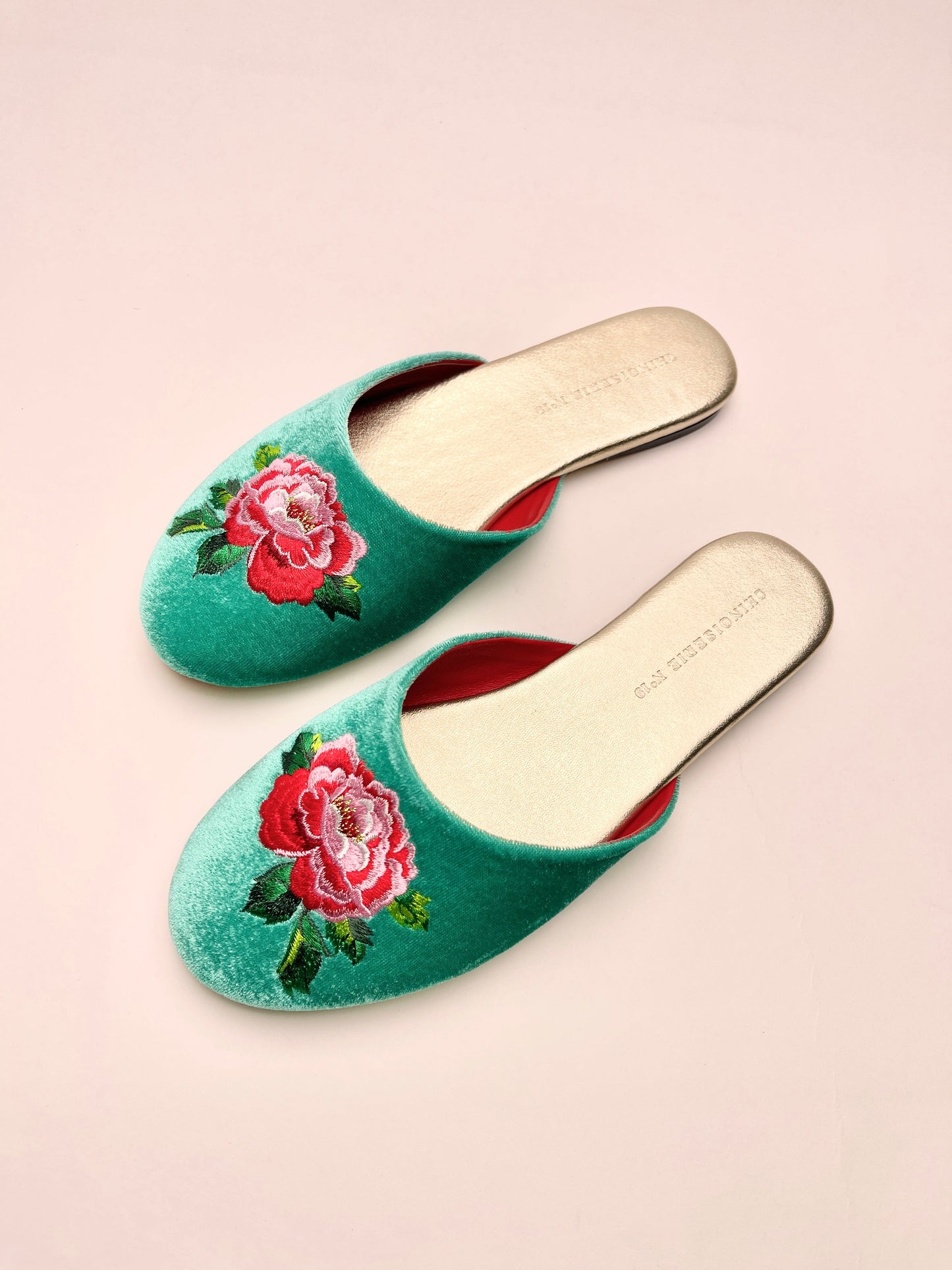 Peony Embroidered Velvet Mules Slippers in Jade