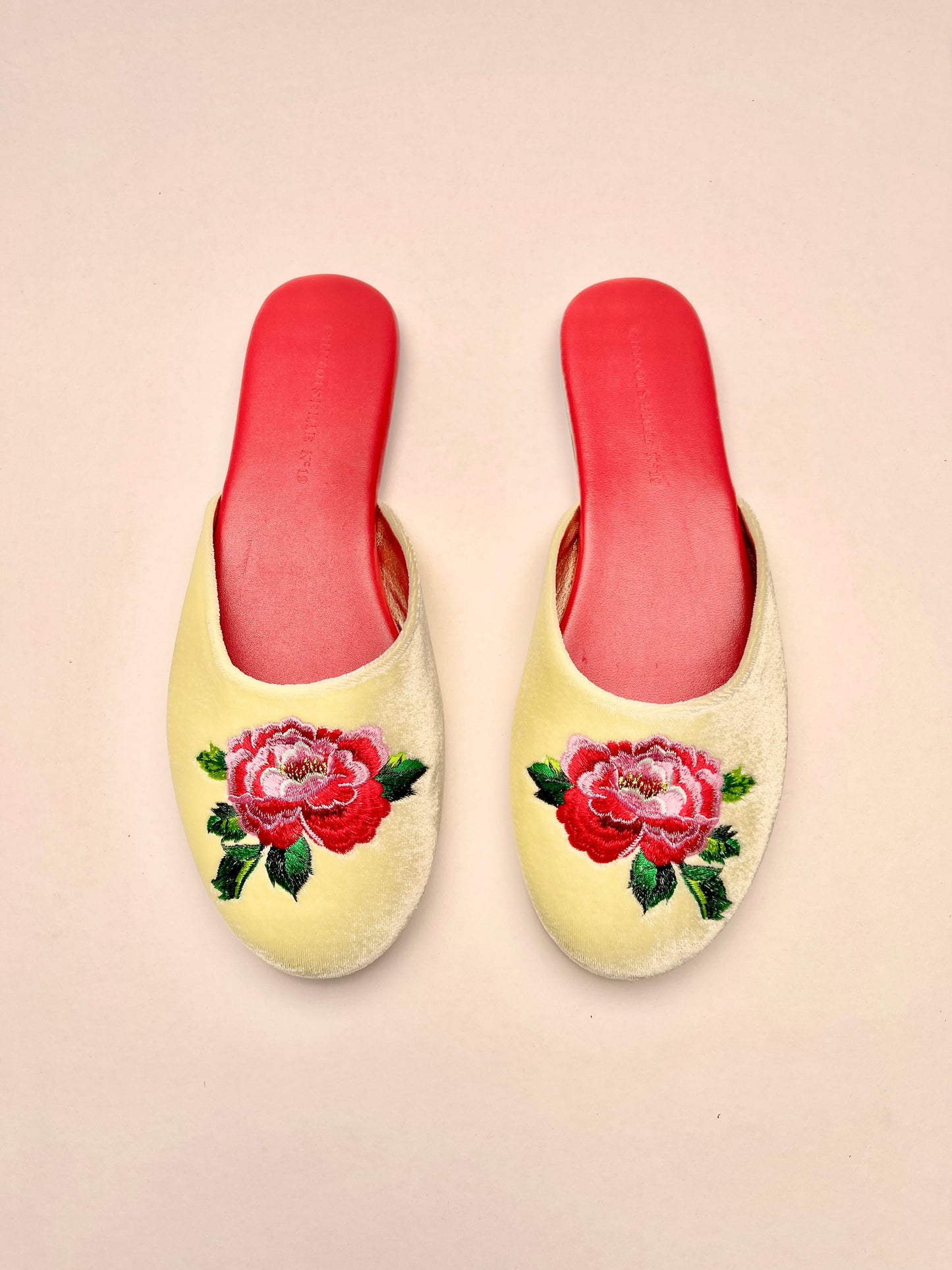 Peony Embroidered Velvet Mules Slippers in Lemon Frost