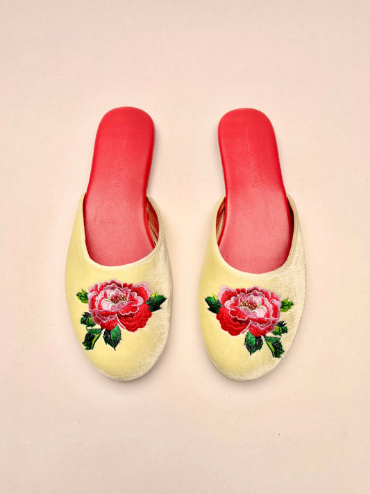 Peony Embroidered Velvet Mules Slippers in Lemon Frost