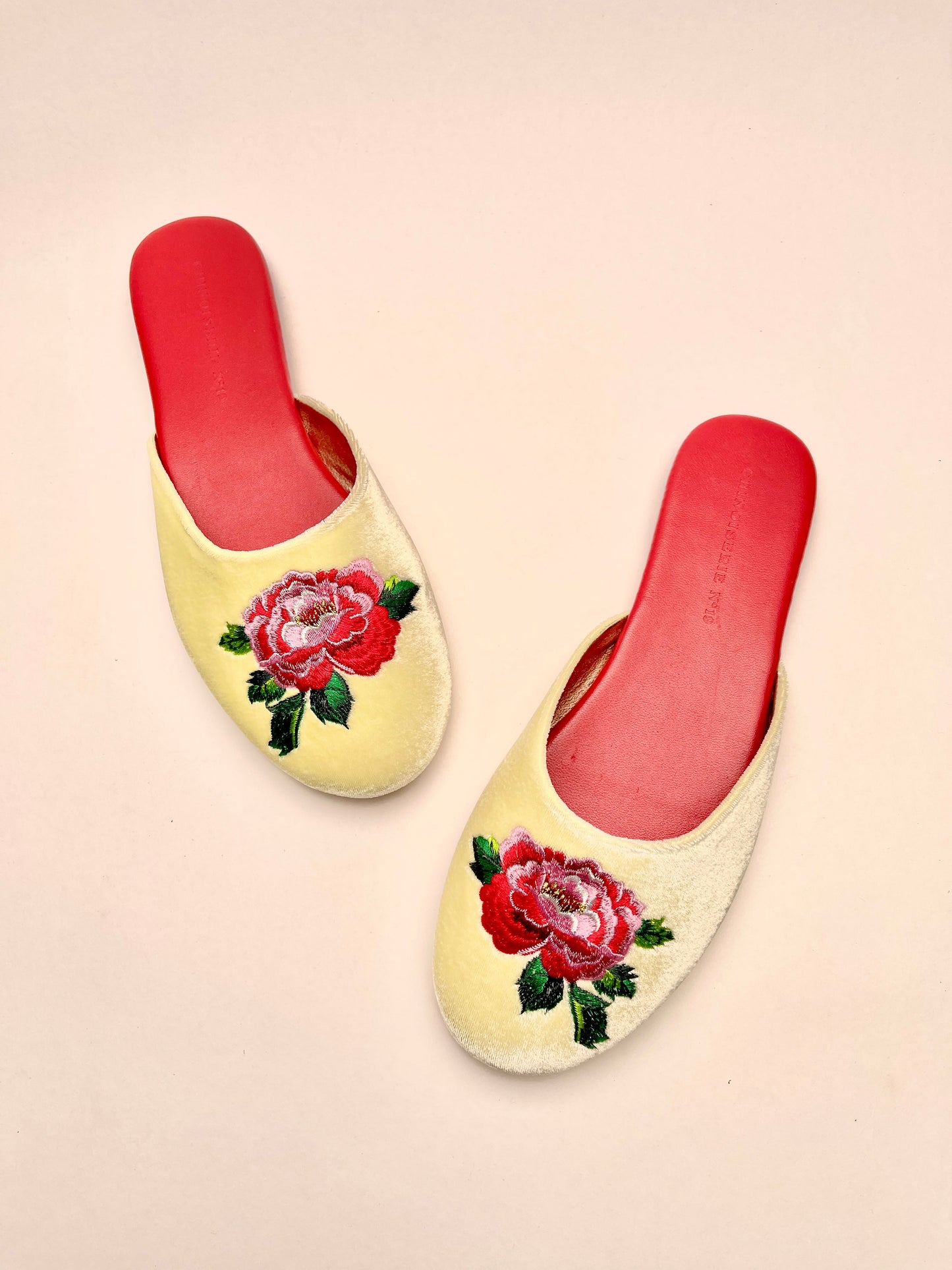 Peony Embroidered Velvet Mules Slippers in Lemon Frost