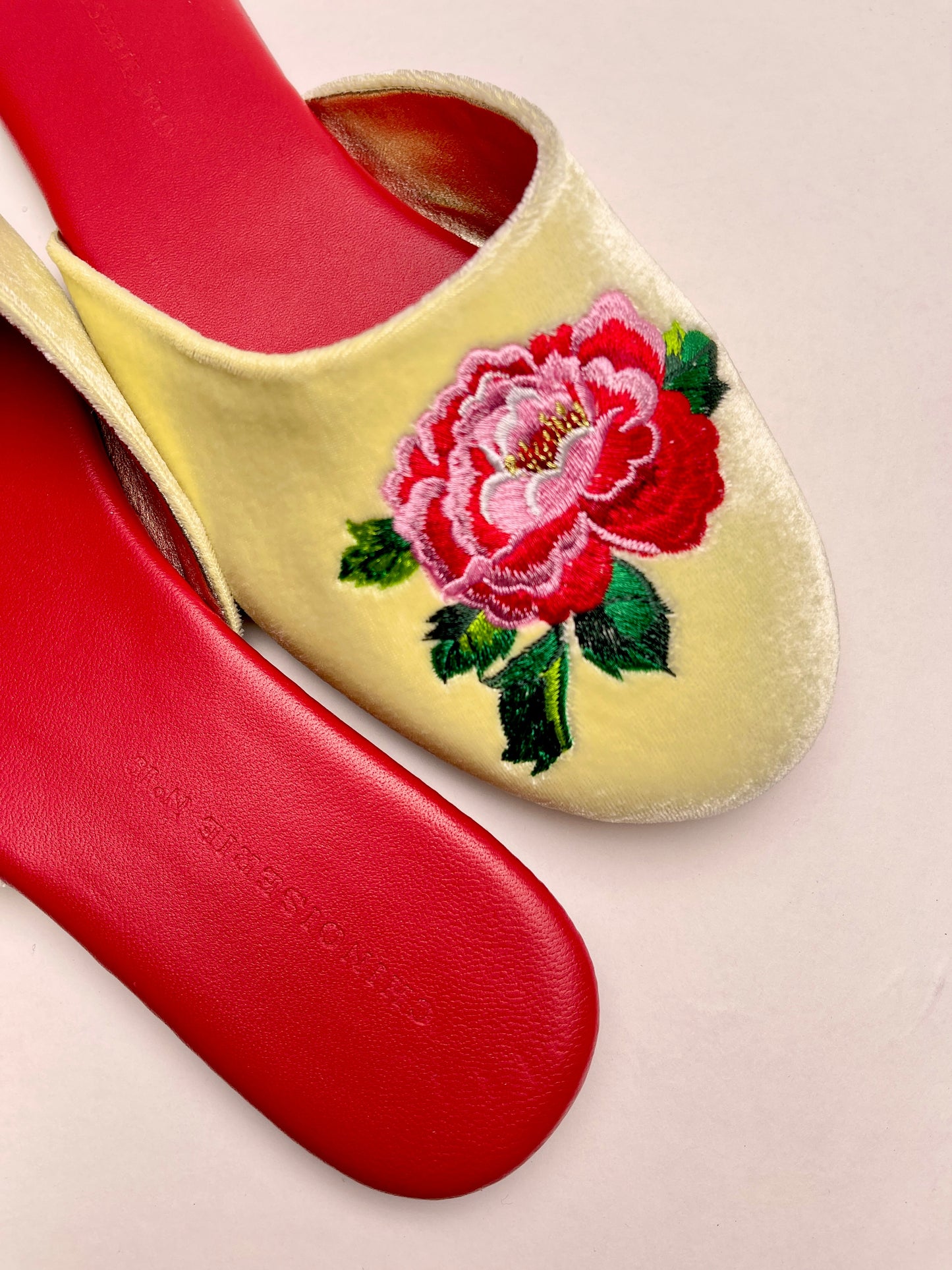 Peony Embroidered Velvet Mules Slippers in Lemon Frost