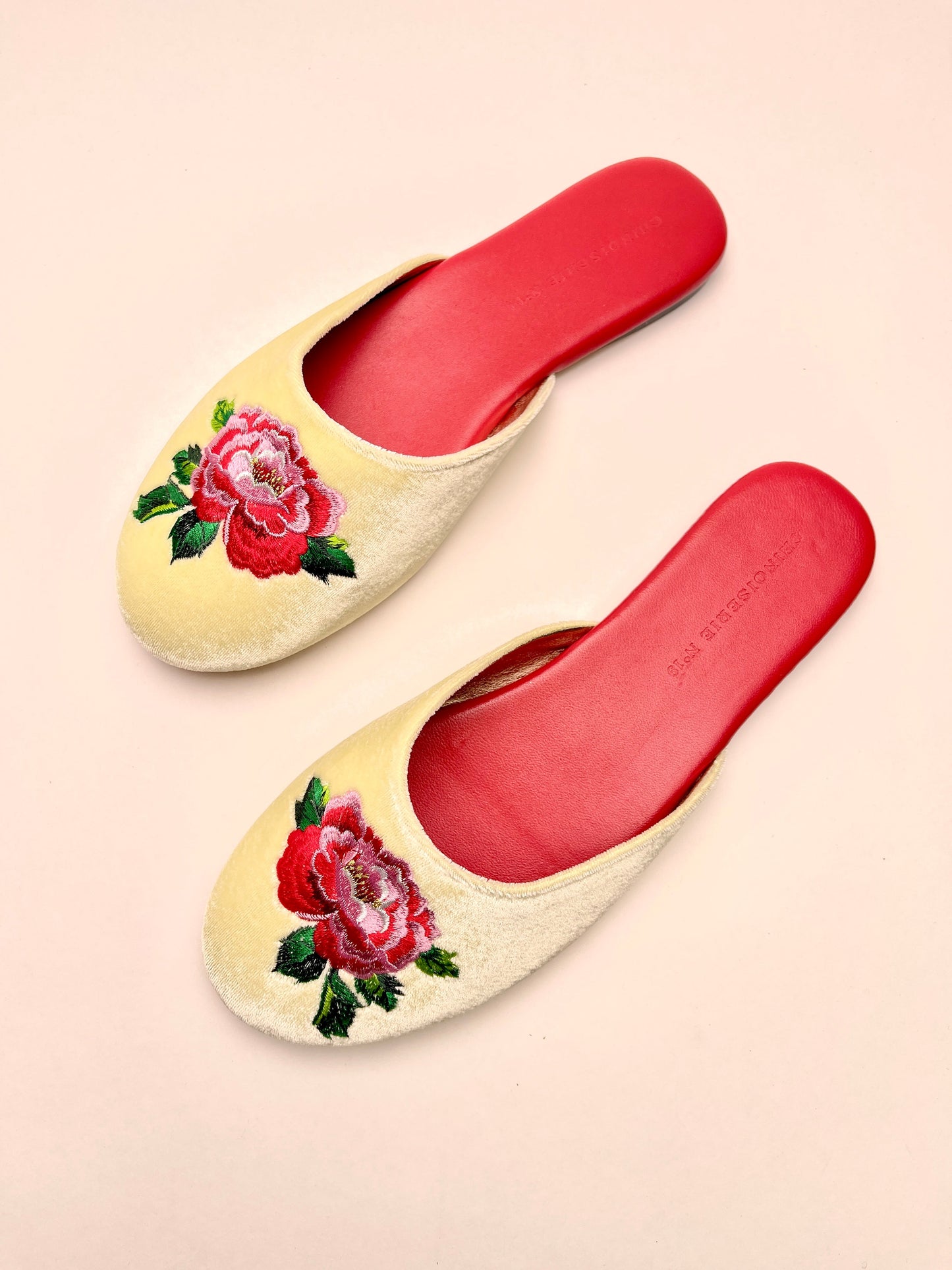 Peony Embroidered Velvet Mules Slippers in Lemon Frost