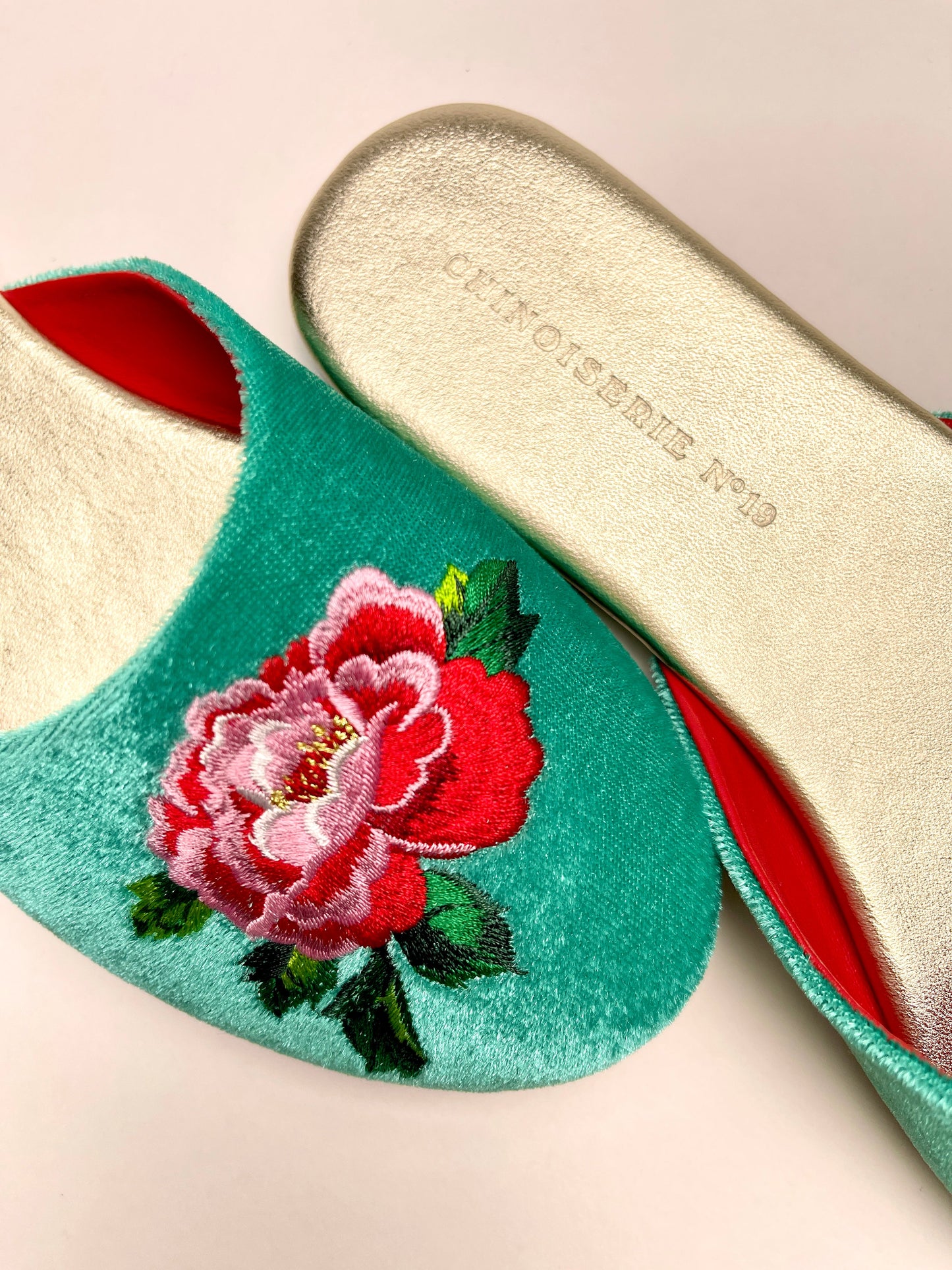 Peony Embroidered Velvet Mules Slippers in Jade