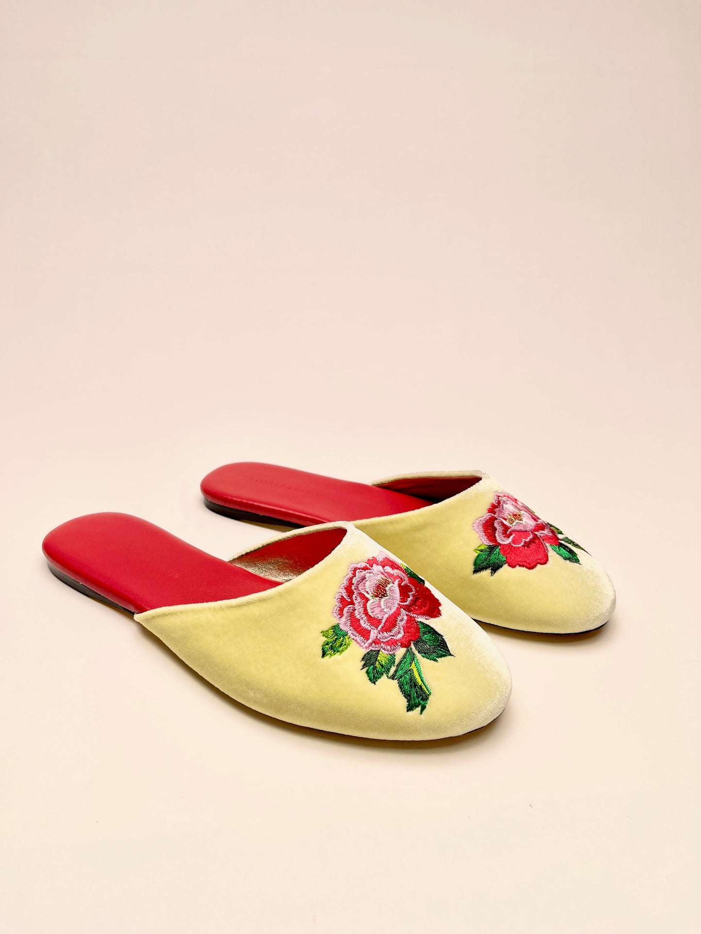 Peony Embroidered Velvet Mules Slippers in Lemon Frost