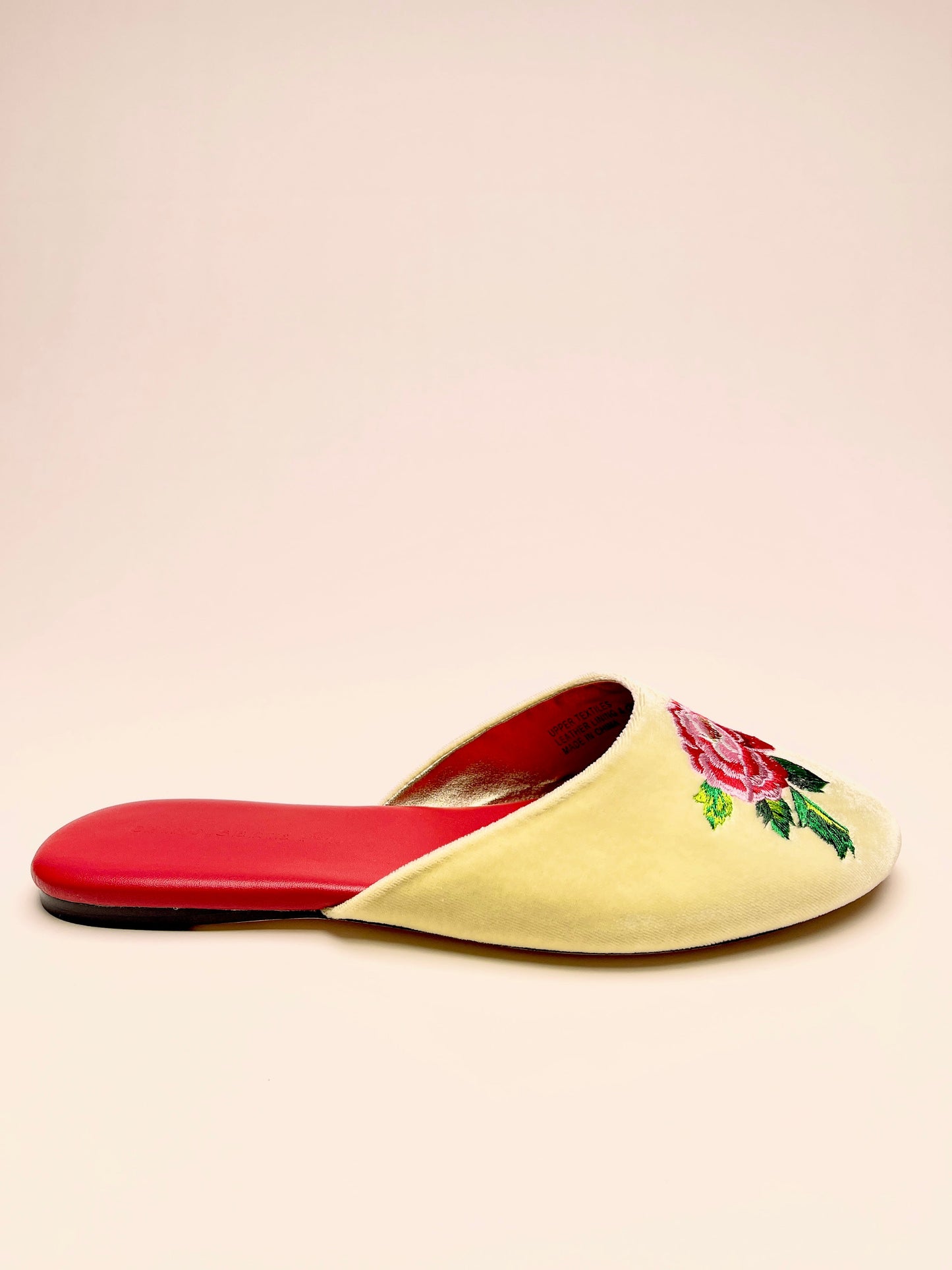 Peony Embroidered Velvet Mules Slippers in Lemon Frost