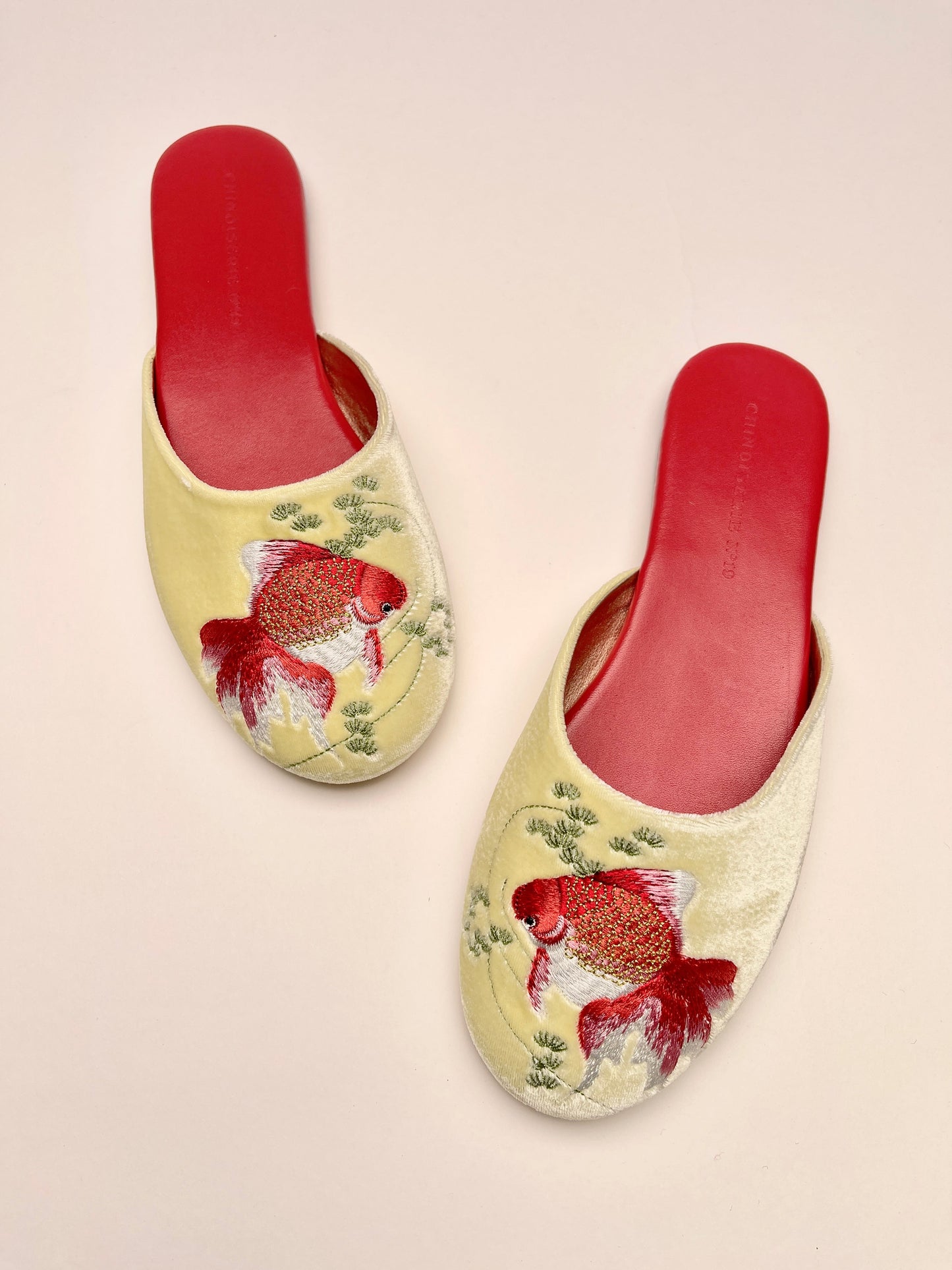 Goldfish Embroidered Velvet Mules Slippers in Lemon Frost