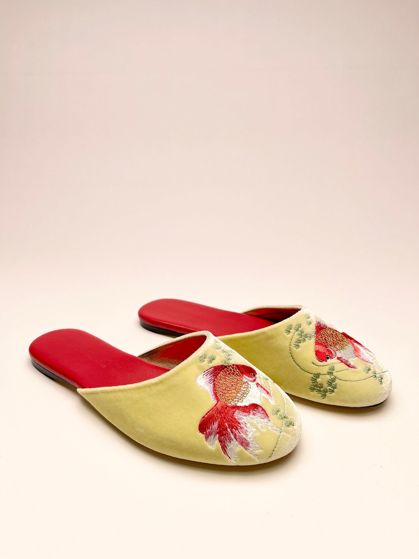 Goldfish Embroidered Velvet Mules Slippers in Lemon Frost