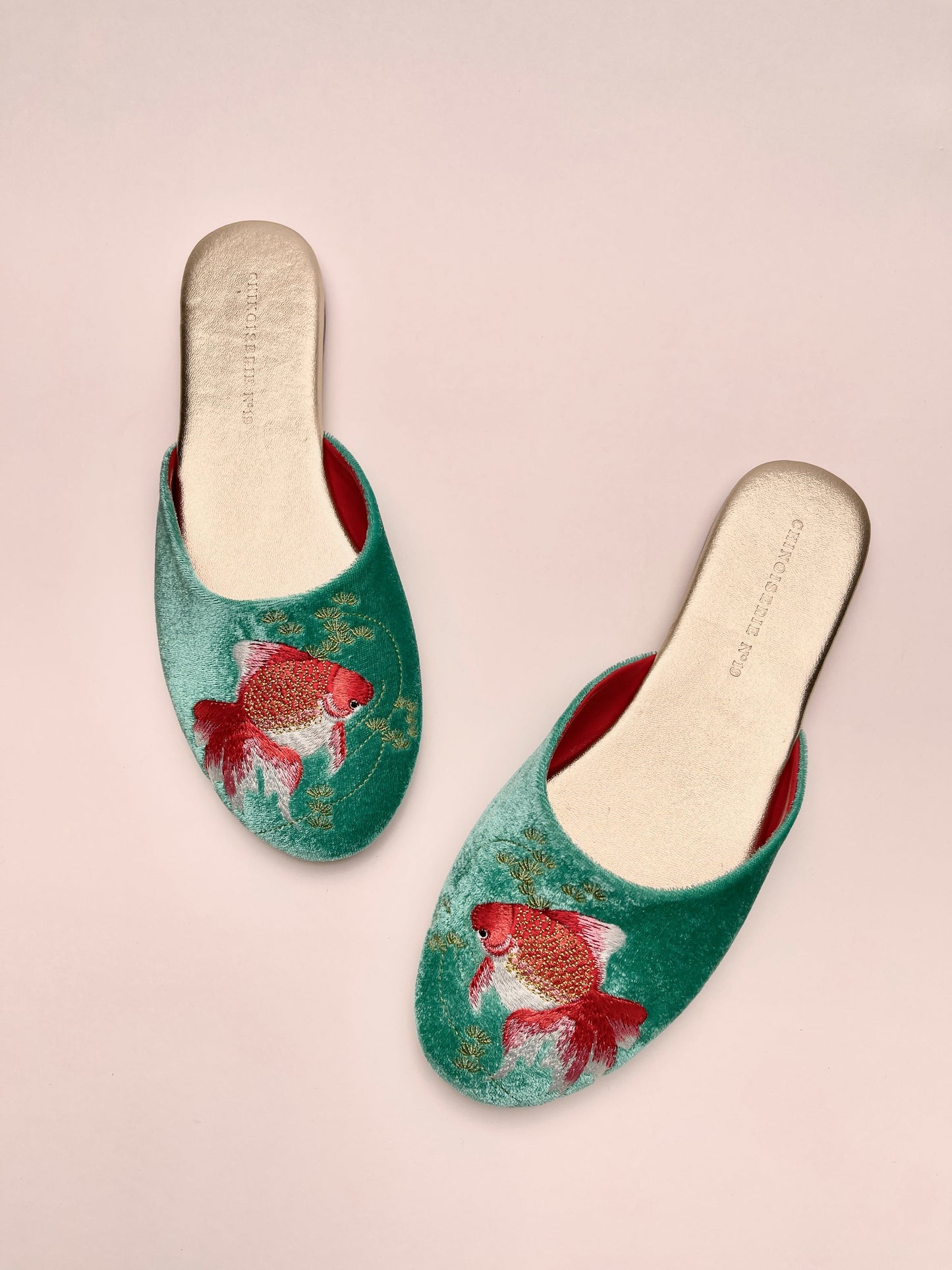 Goldfish Embroidered Velvet Mules Slippers in Jade