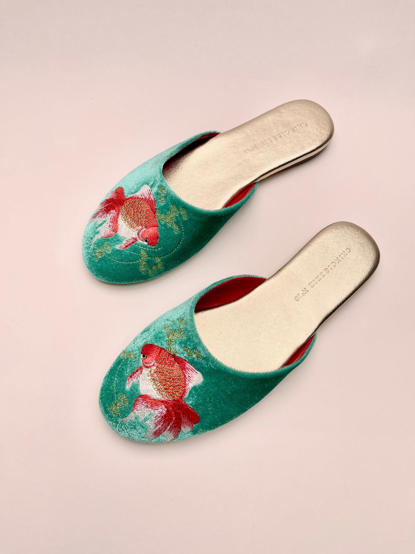 Goldfish Embroidered Velvet Mules Slippers in Jade