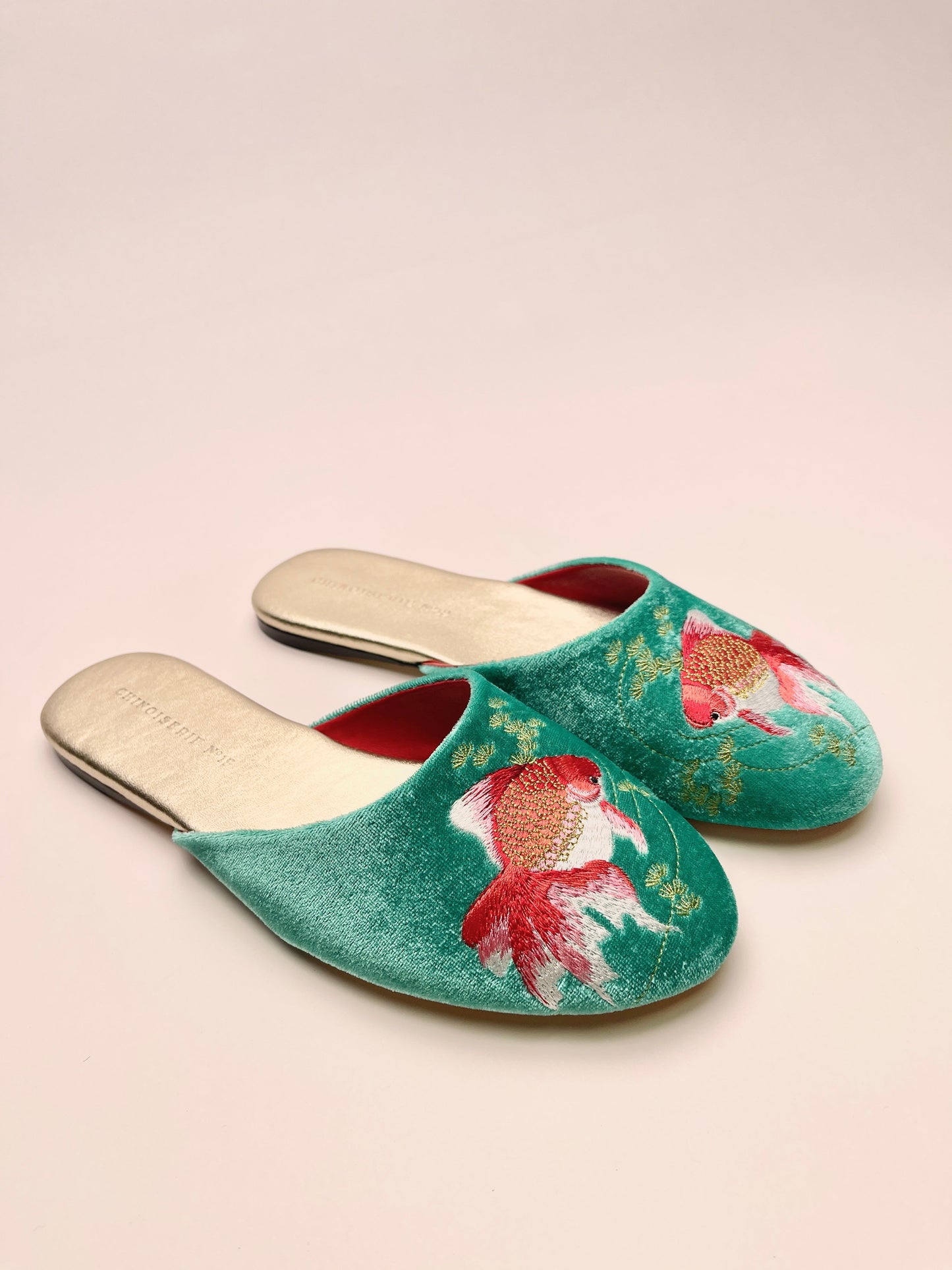 Goldfish Embroidered Velvet Mules Slippers in Jade