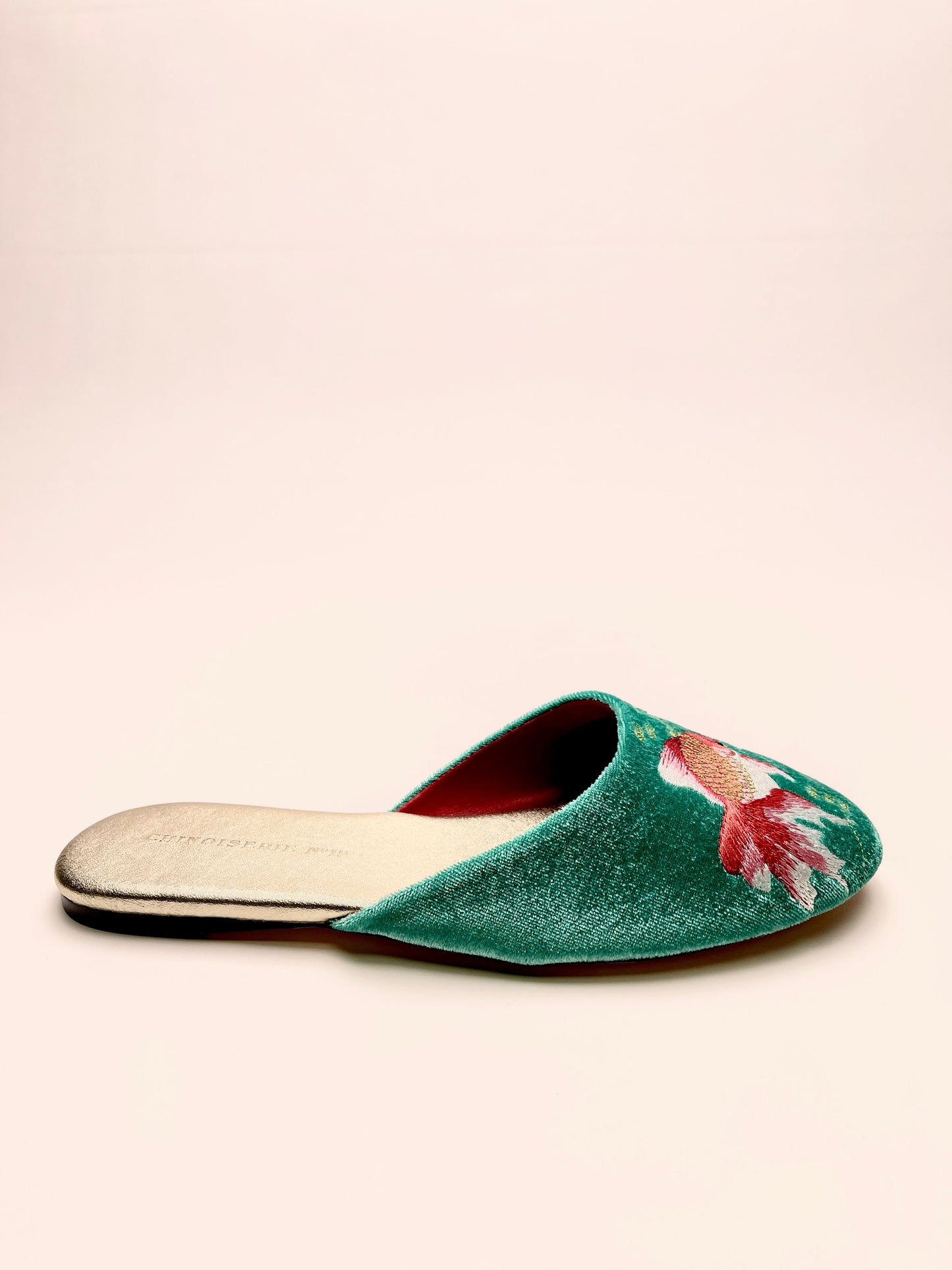 Goldfish Embroidered Velvet Mules Slippers in Jade