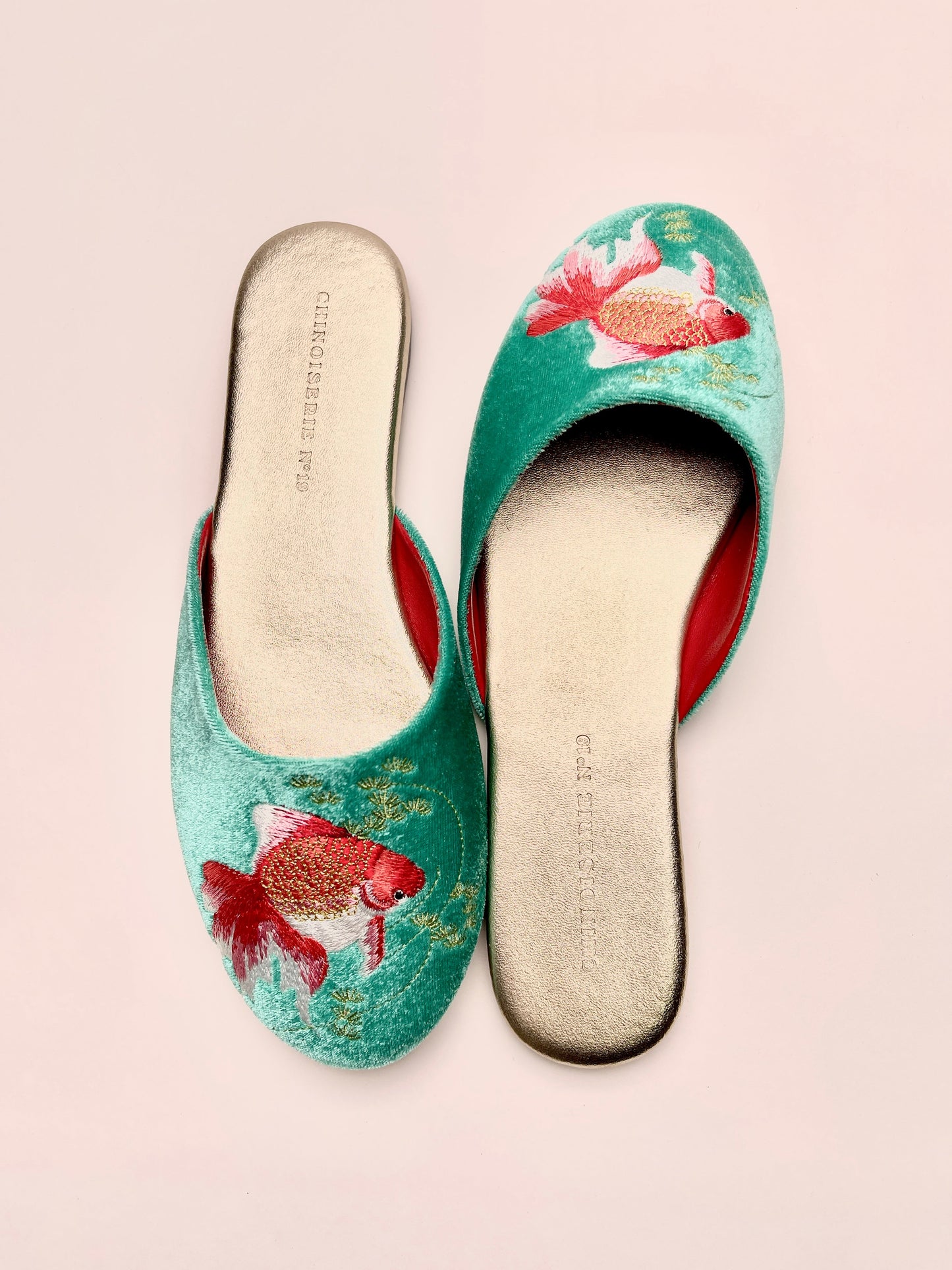 Goldfish Embroidered Velvet Mules Slippers in Jade