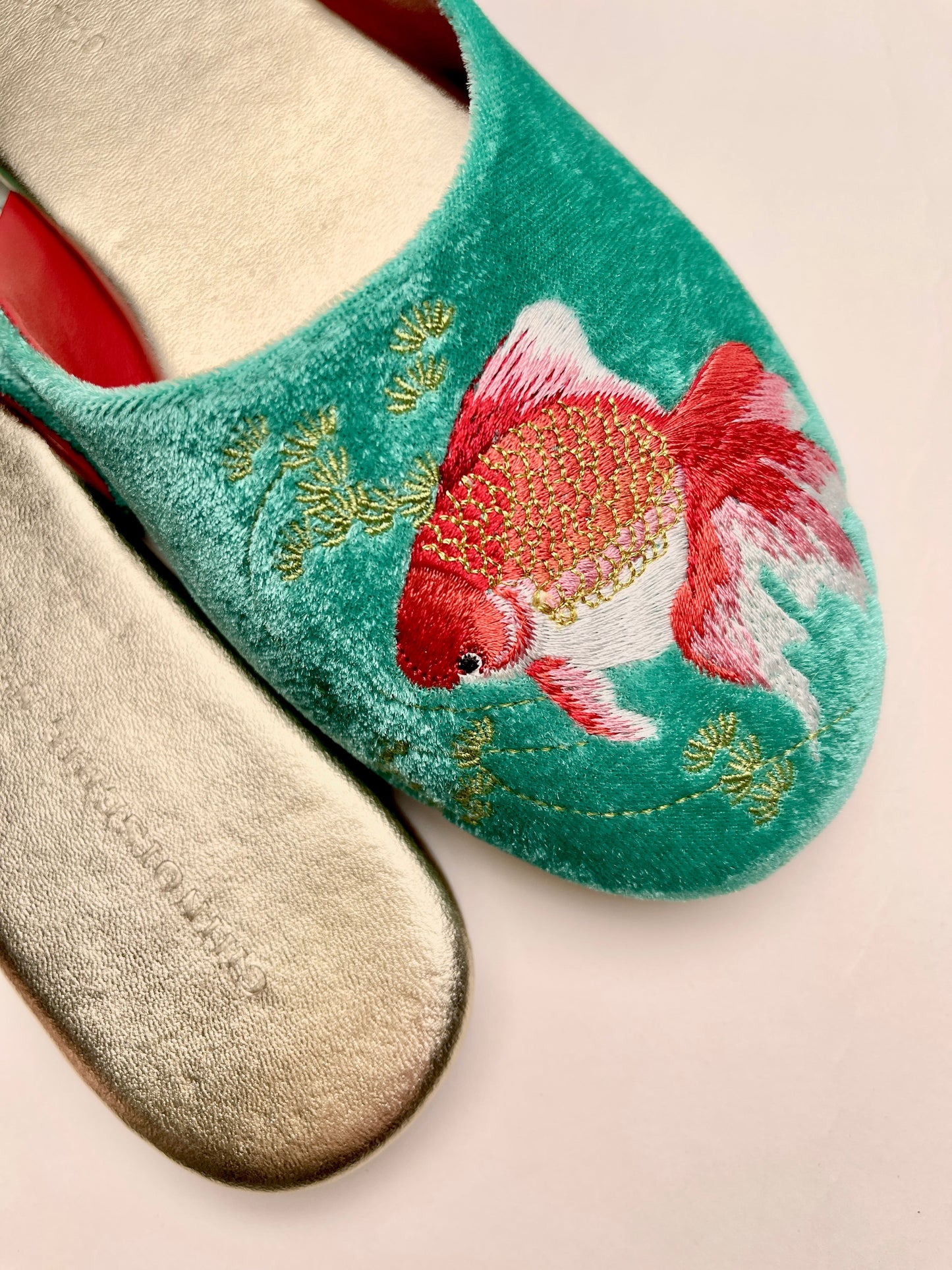 Goldfish Embroidered Velvet Mules Slippers in Jade