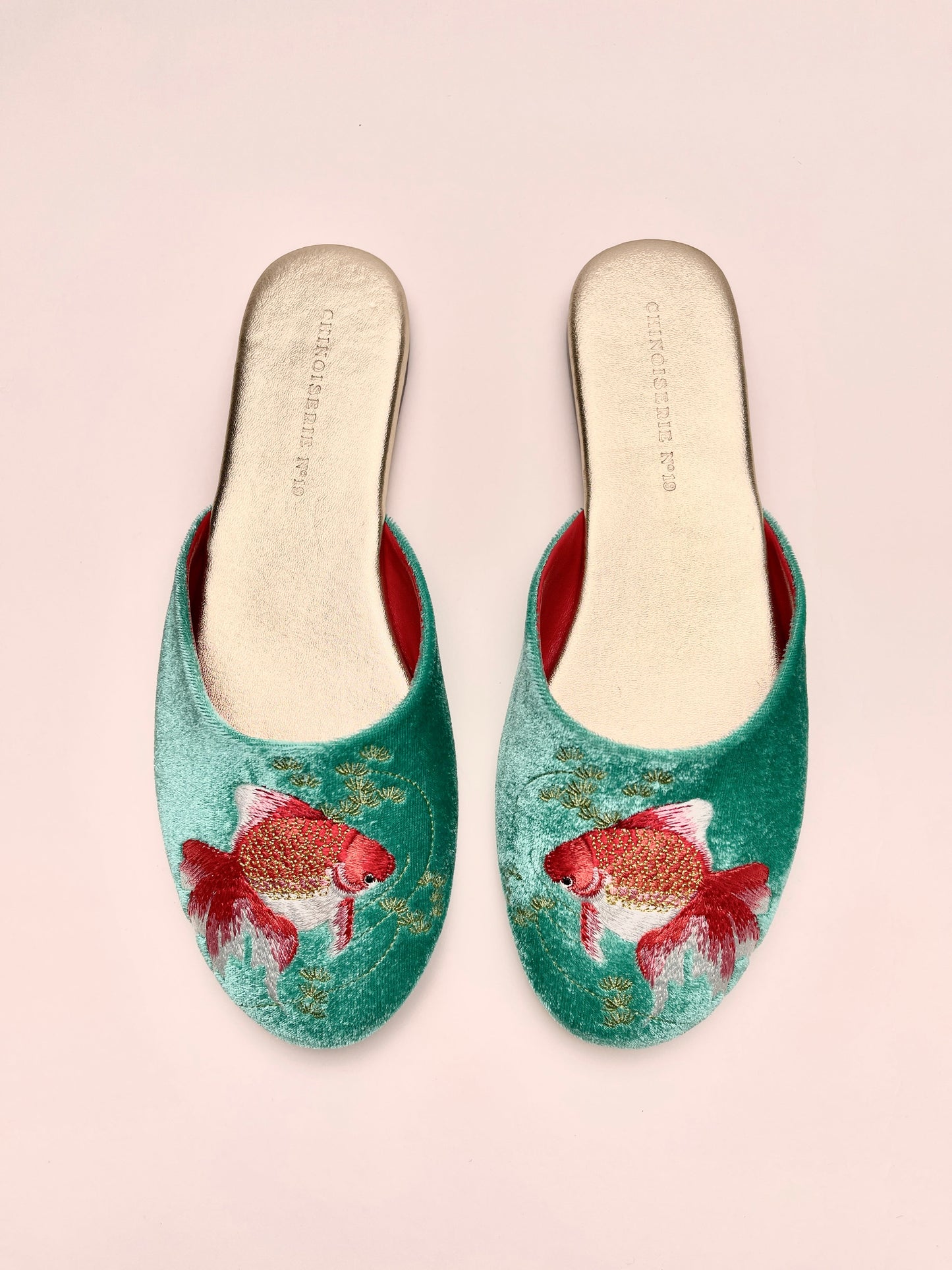 Goldfish Embroidered Velvet Mules Slippers in Jade