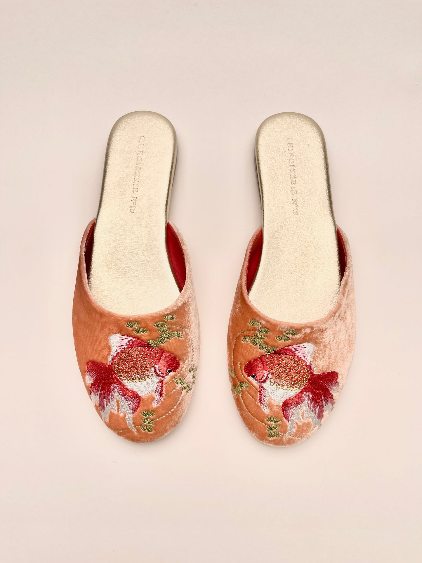 Goldfish Embroidered Velvet Mules Slippers in Peach Blush