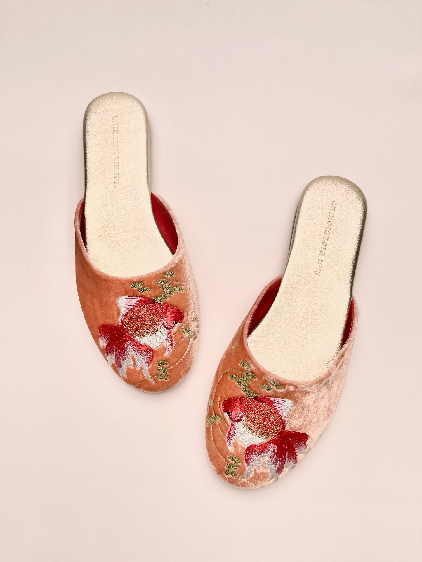 Goldfish Embroidered Velvet Mules Slippers in Peach Blush