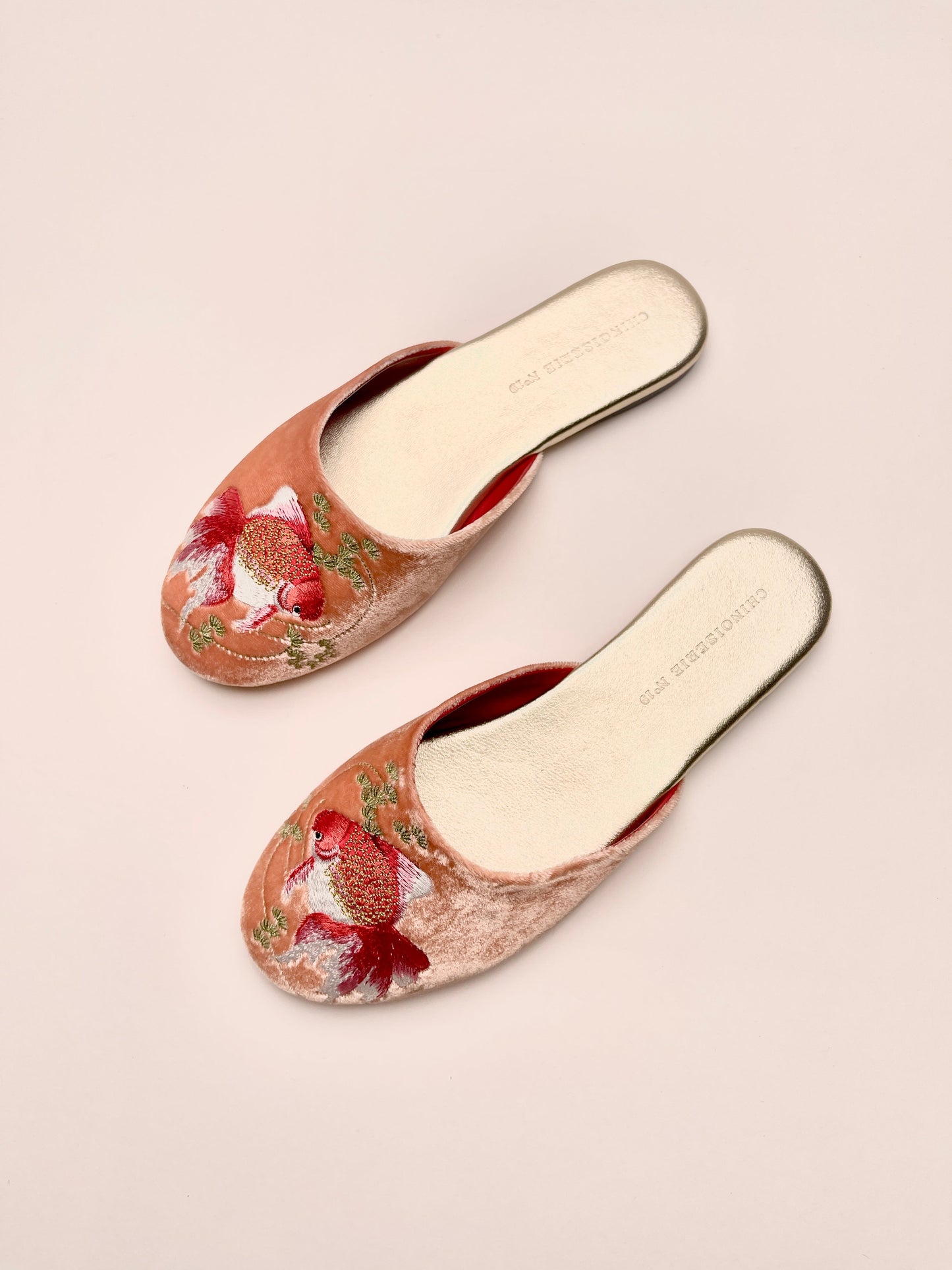 Goldfish Embroidered Velvet Mules Slippers in Peach Blush