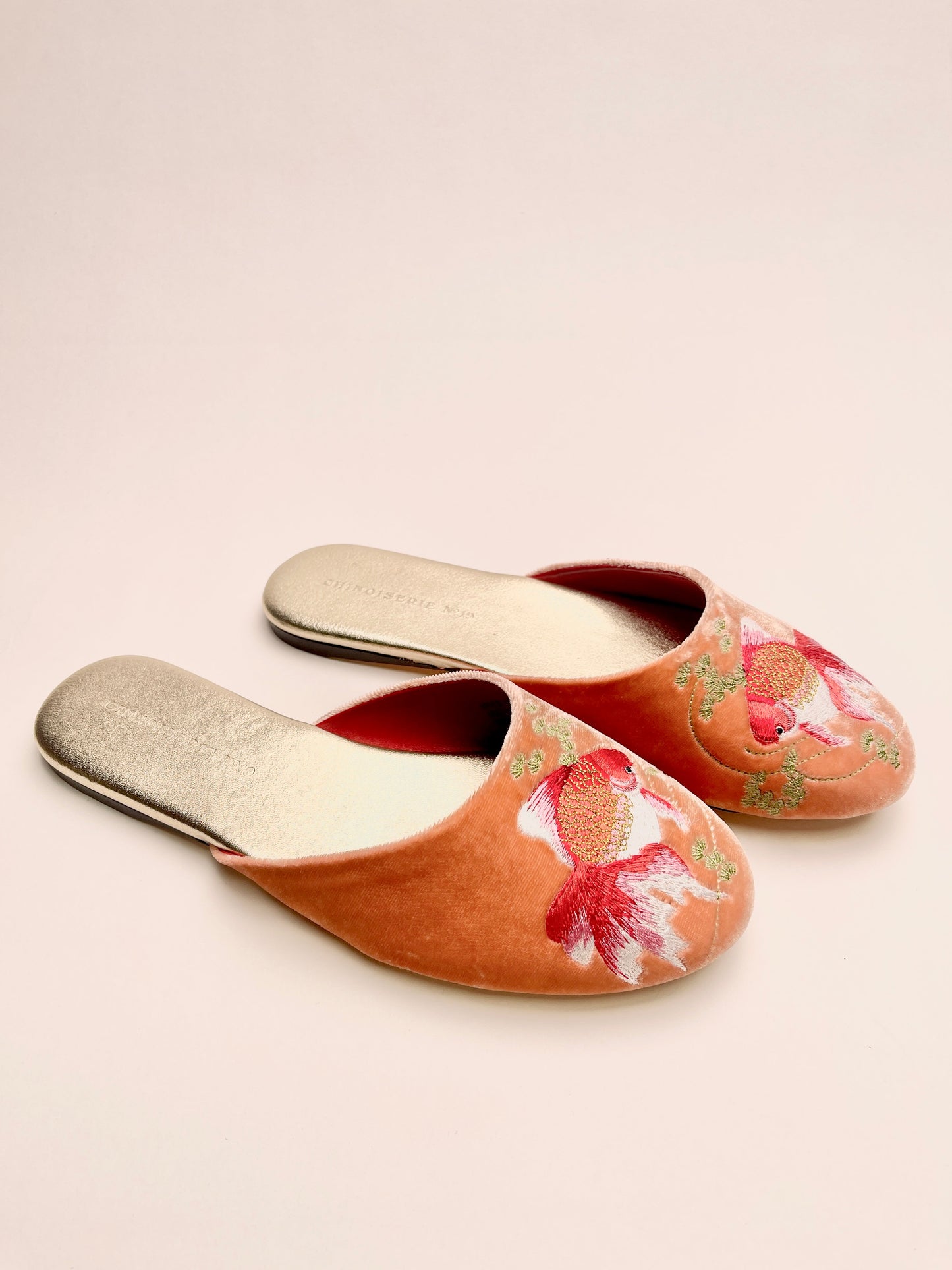 Goldfish Embroidered Velvet Mules Slippers in Peach Blush