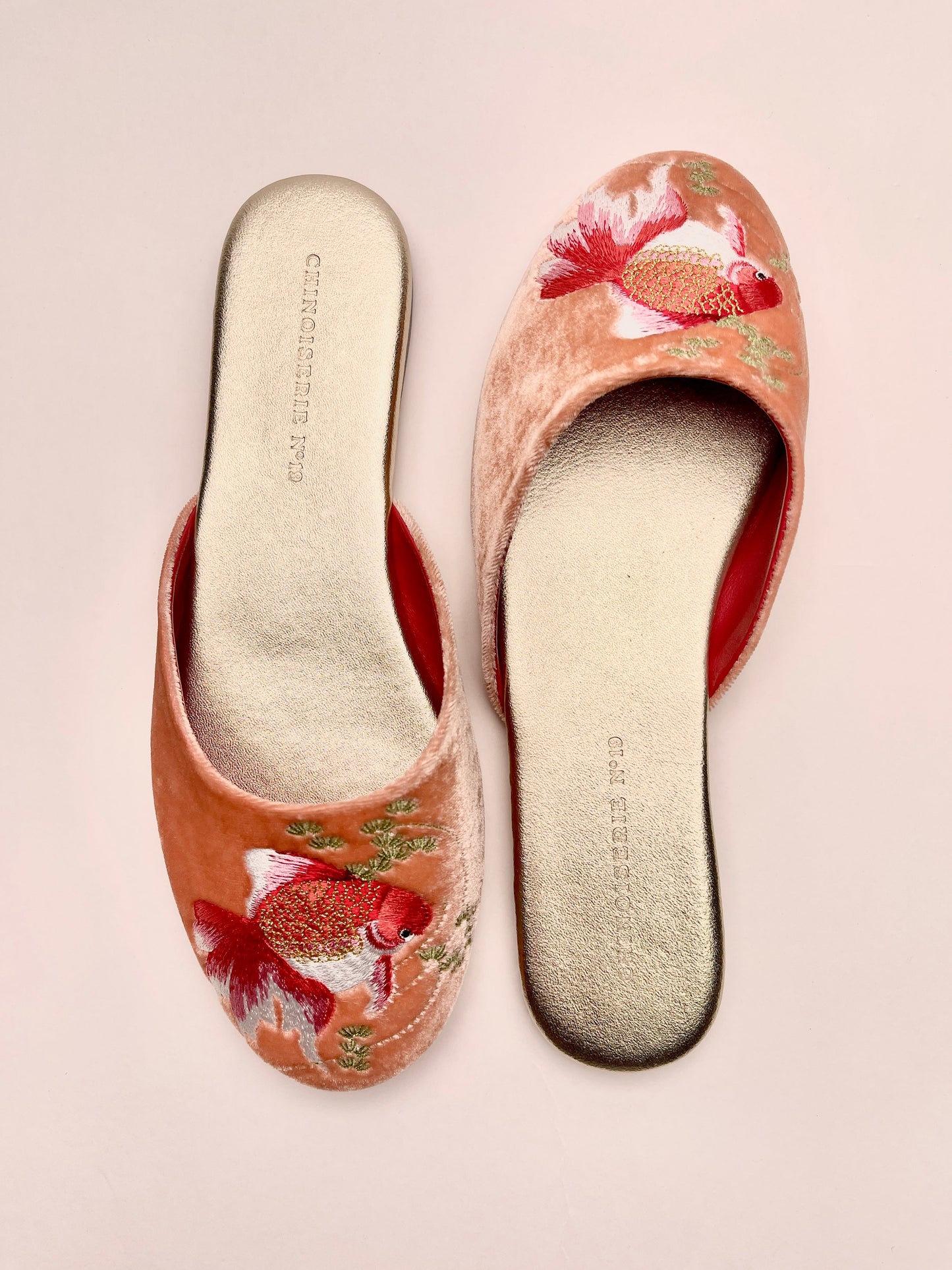 Goldfish Embroidered Velvet Mules Slippers in Peach Blush