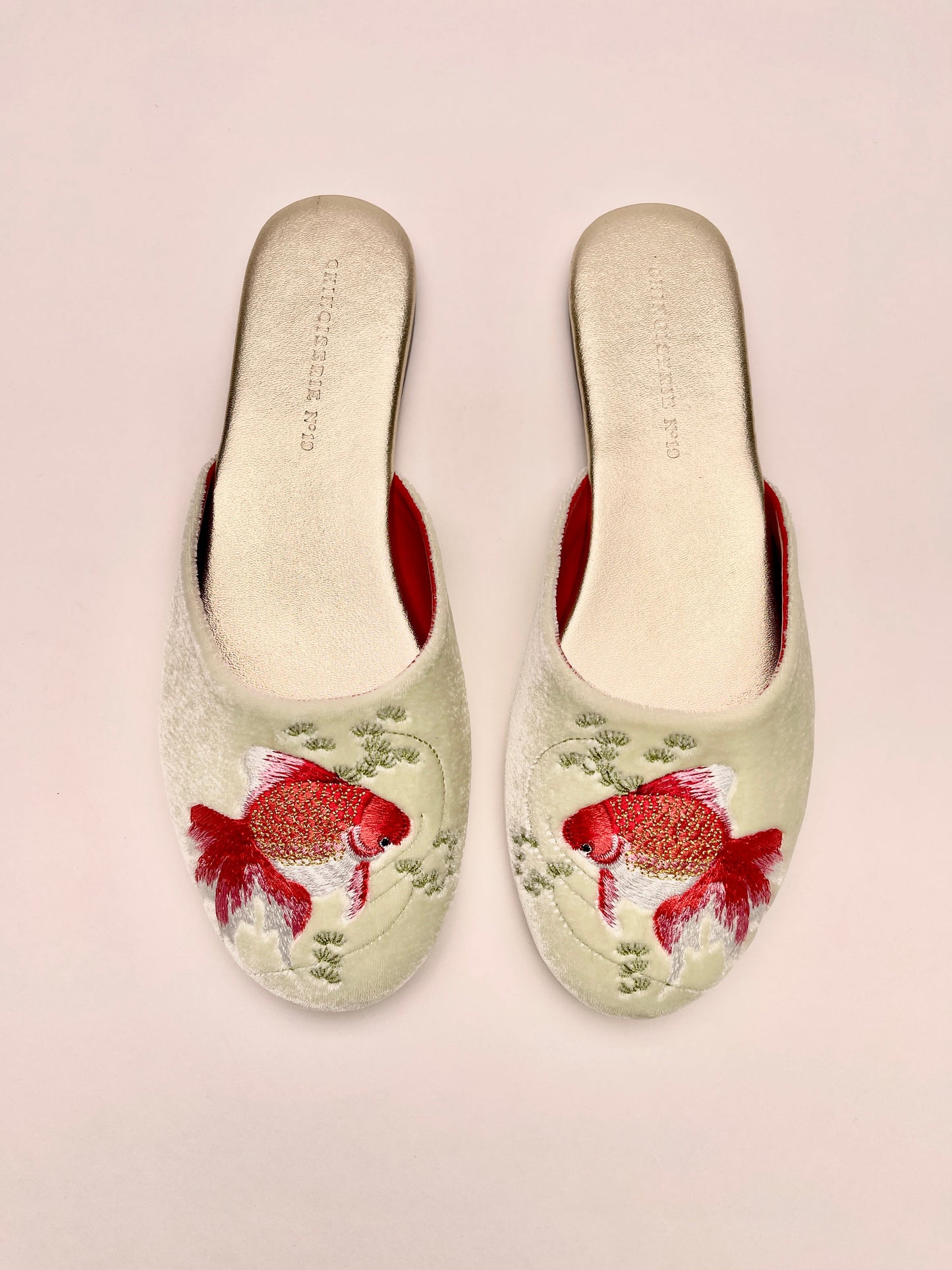 Goldfish Embroidered Velvet Mules Slippers in Chiffon Mint