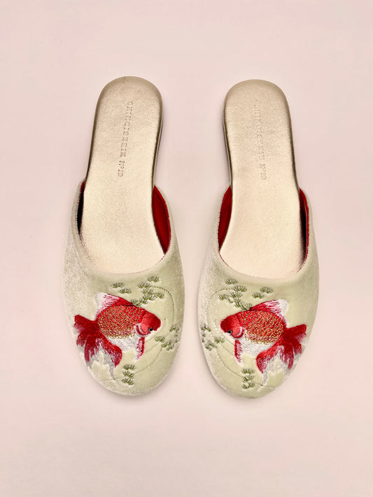 Goldfish Embroidered Velvet Mules Slippers in Chiffon Mint