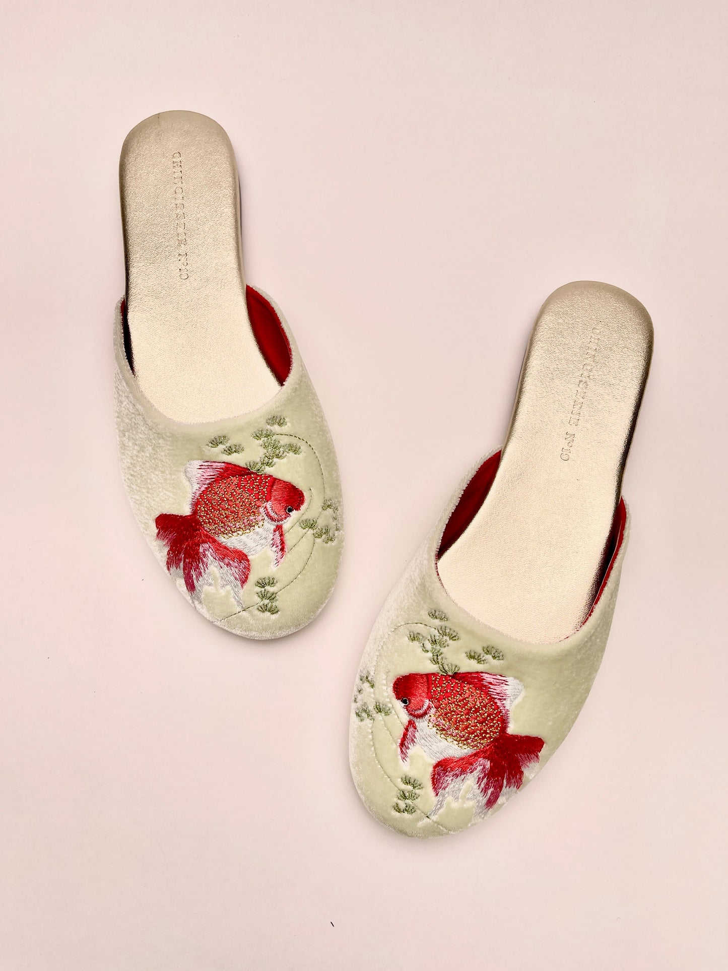 Goldfish Embroidered Velvet Mules Slippers in Chiffon Mint