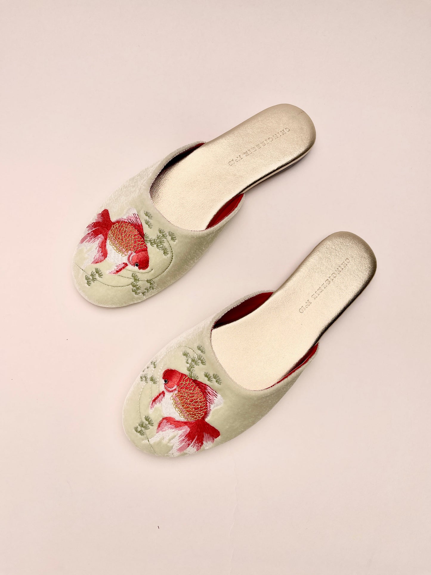 Goldfish Embroidered Velvet Mules Slippers in Chiffon Mint