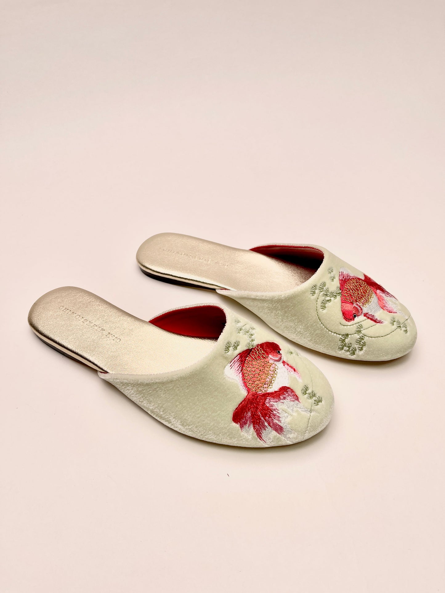 Goldfish Embroidered Velvet Mules Slippers in Chiffon Mint