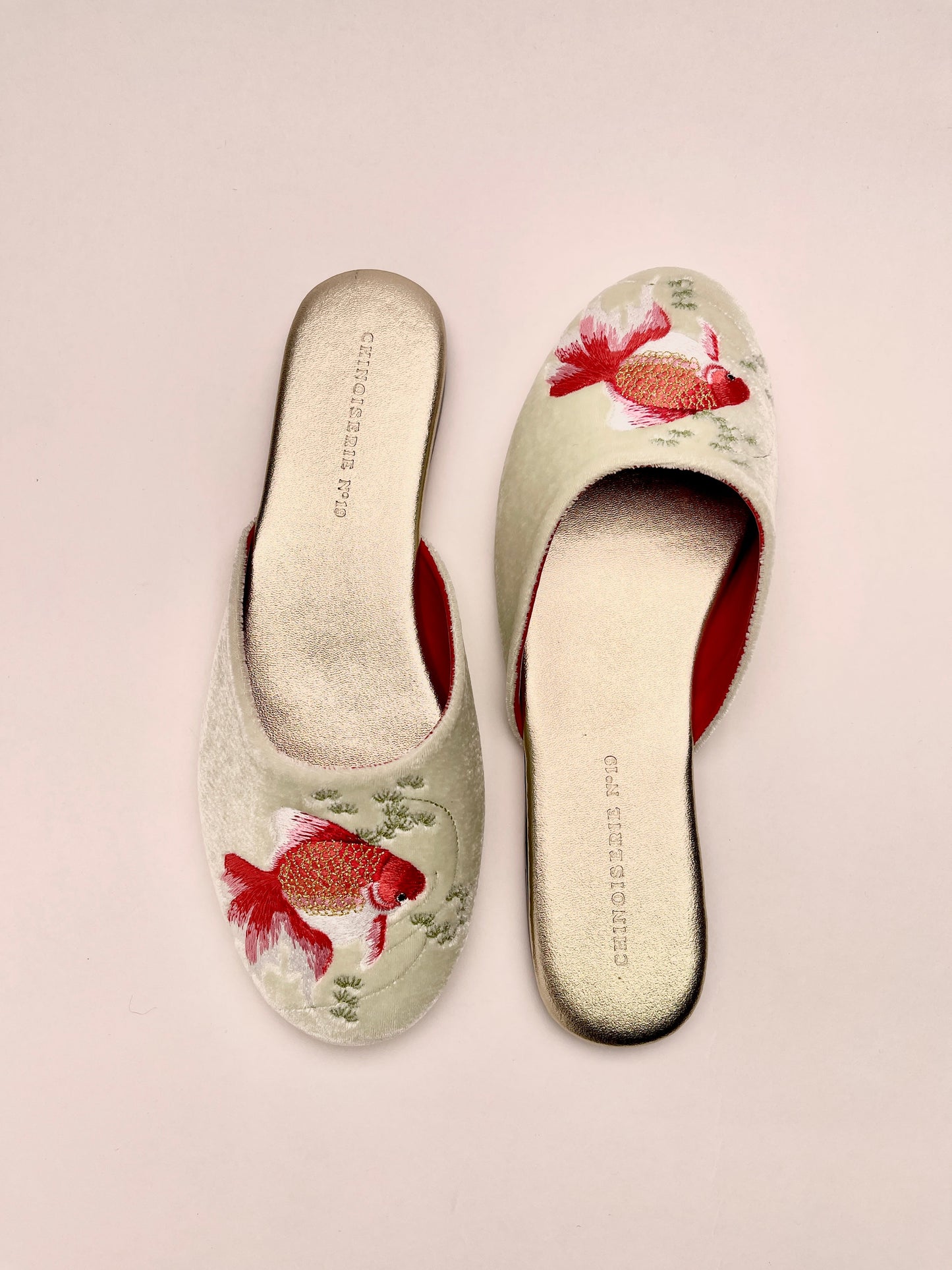 Goldfish Embroidered Velvet Mules Slippers in Chiffon Mint