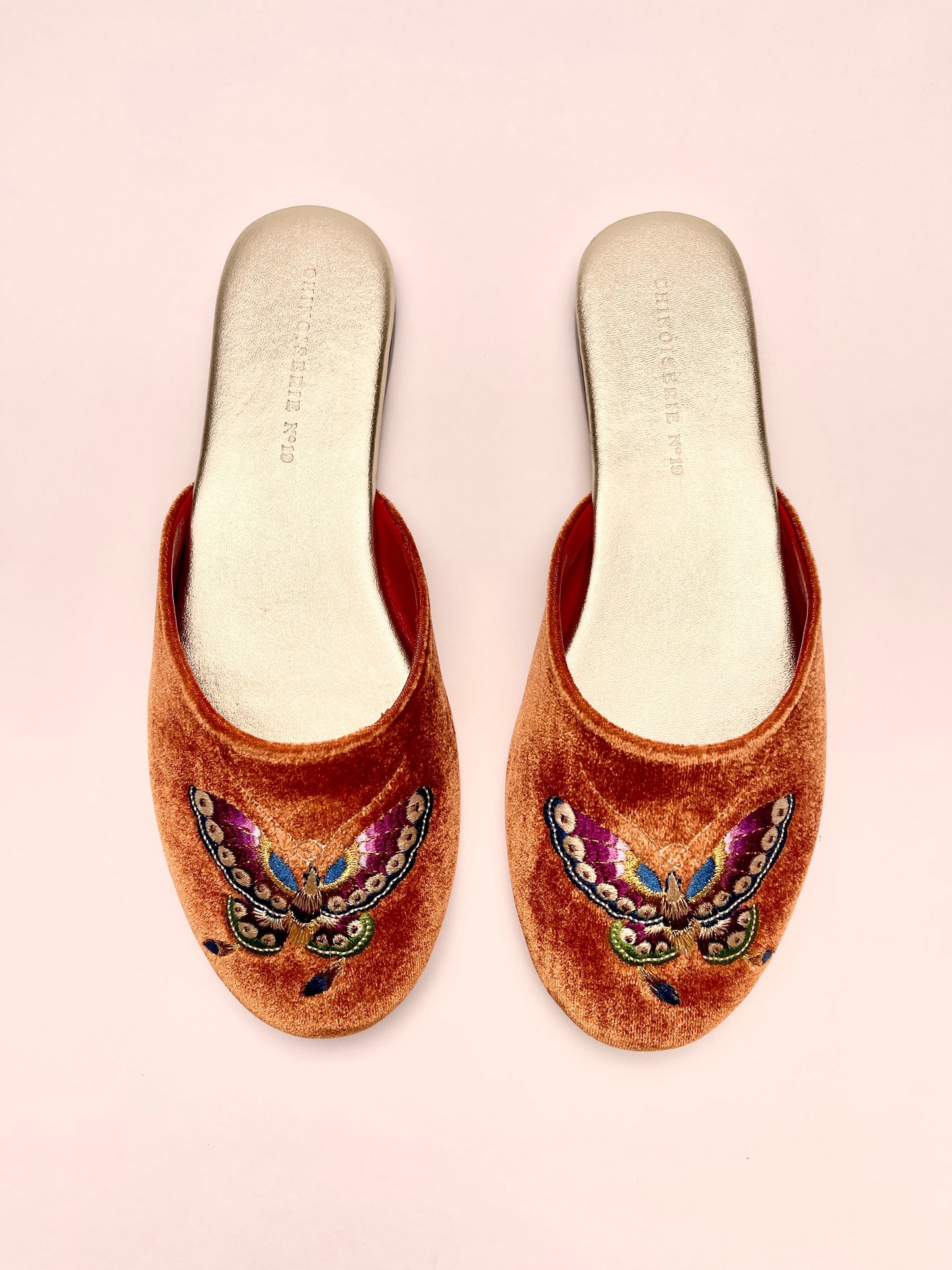 Butterfly Embroidered Velvet Mules Slippers in Burnt Orange