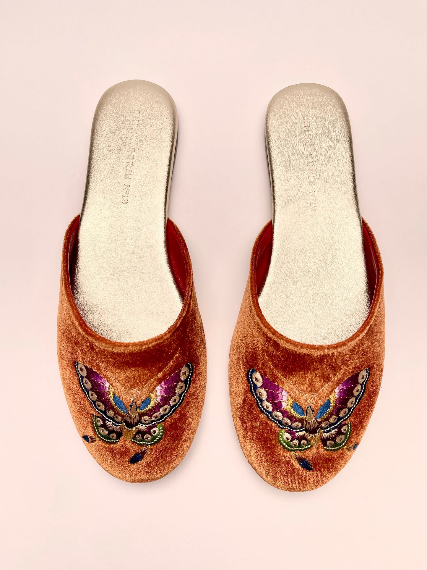 Butterfly Embroidered Velvet Mules Slippers in Burnt Orange