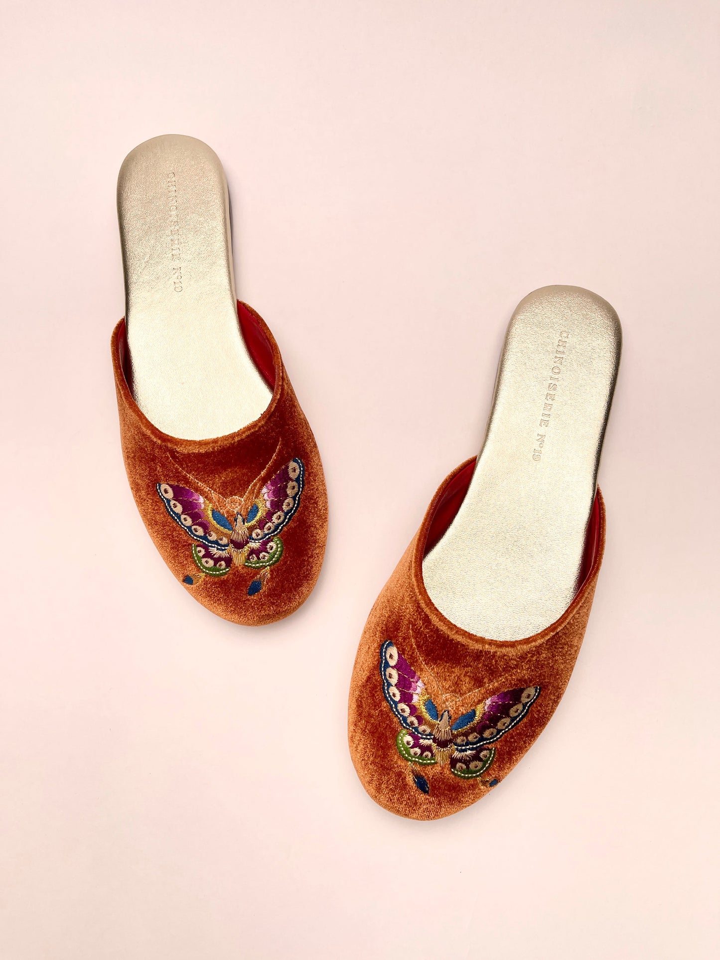 Butterfly Embroidered Velvet Mules Slippers in Burnt Orange